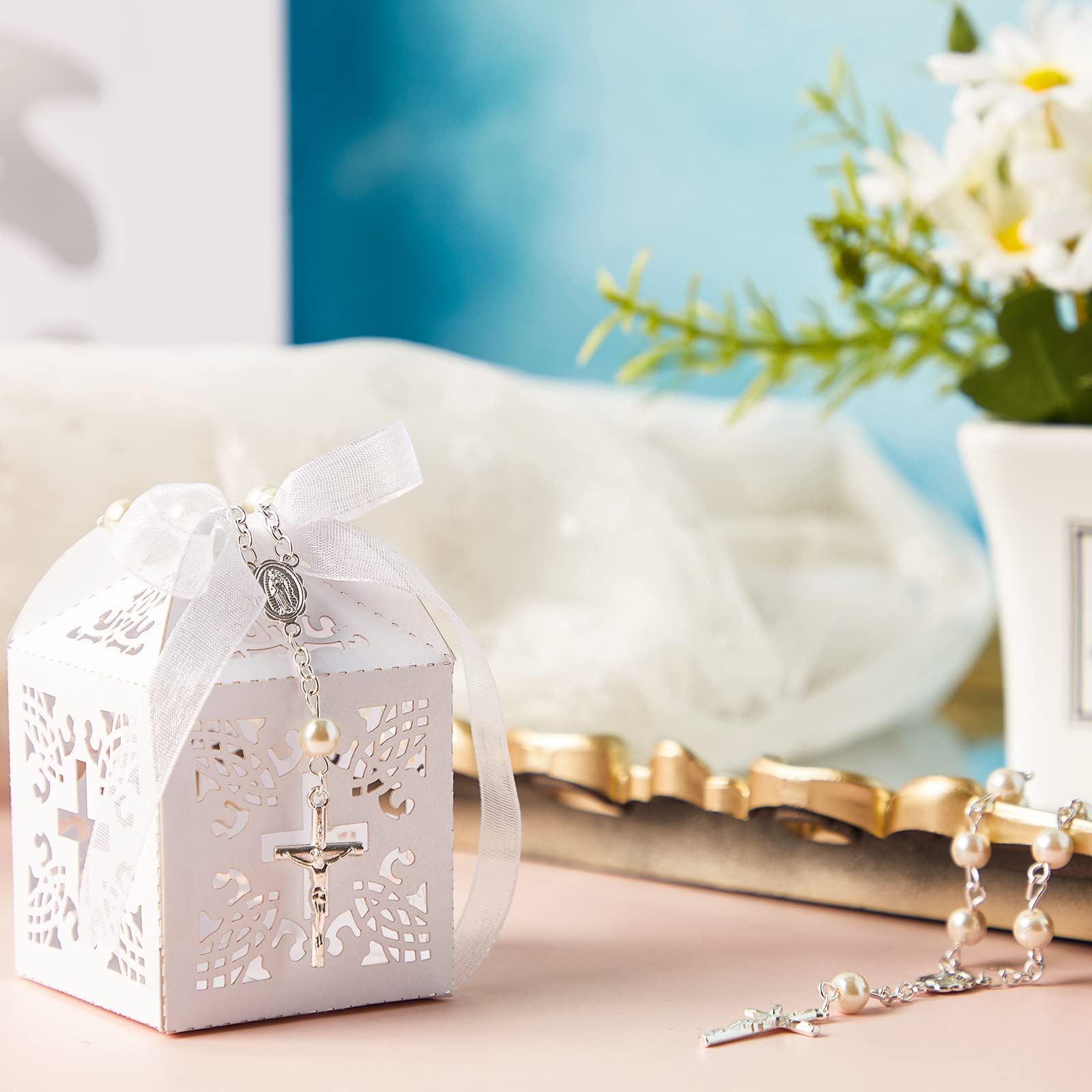 50 Packs Silver Pearl Acrylic Rosary Beads Baptism Favors Set with Organza Bags & Cross Boxes - Perfect for Christening, Wedding Party Favors, First Communion Gifts & Religious Events (Silver Pearl Bracelet)