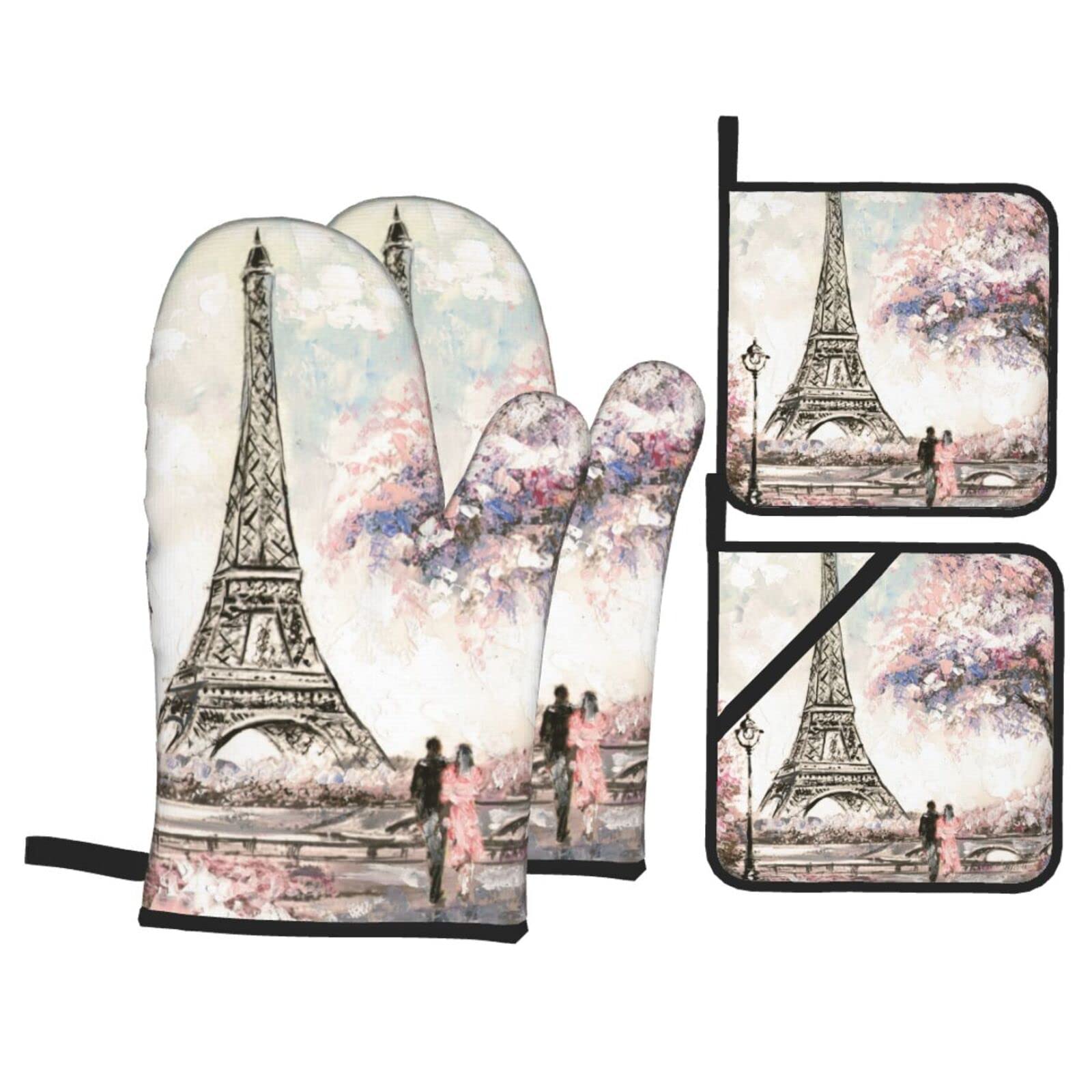 Paris Eiffel Tower Oven Mitts & Pot Holders Set of 4 - Heat Resistant Kitchen Gloves for Cooking, Baking, Grilling & BBQ - Perfect for French-Themed Kitchens & Gift Giving