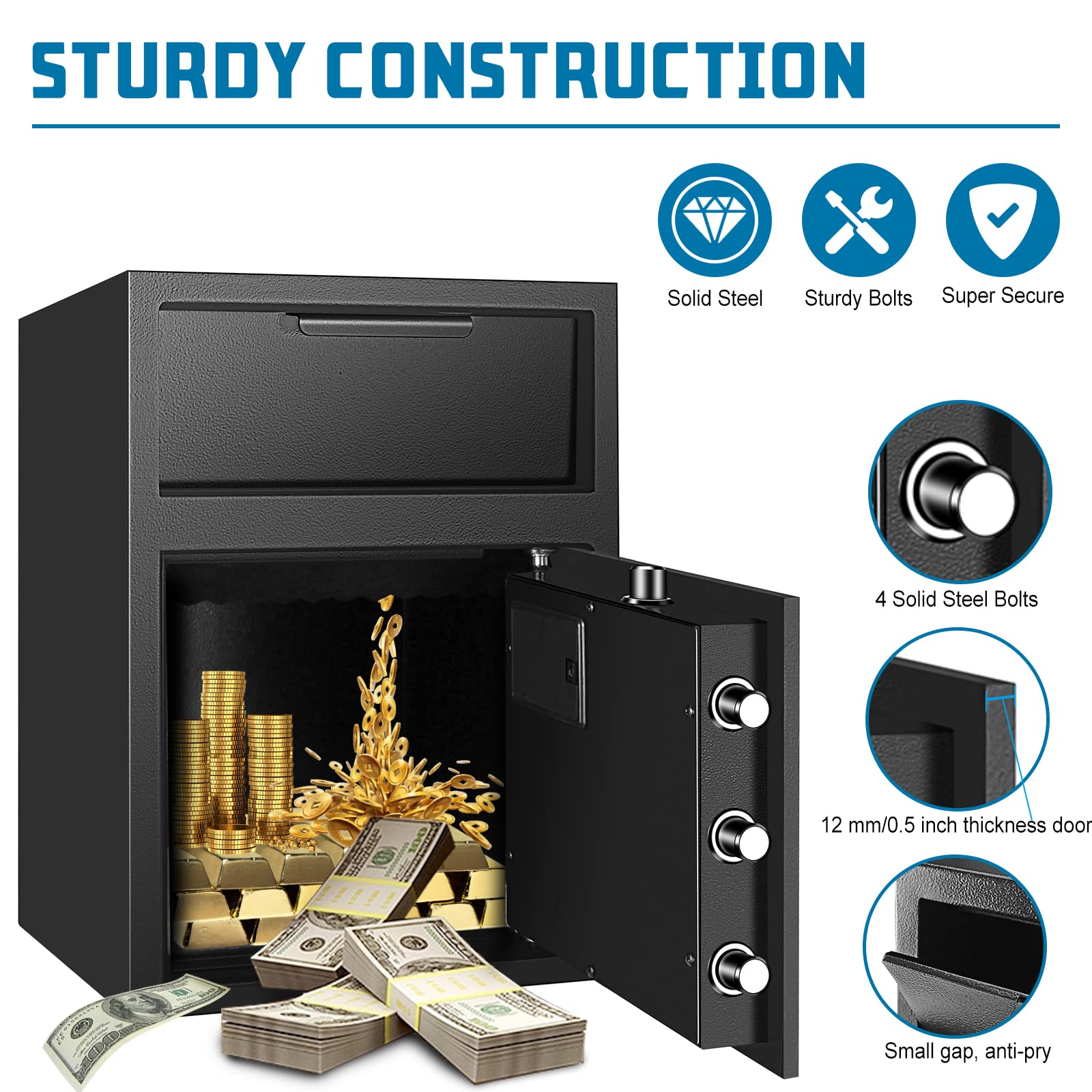 Electronic Keypad Drop Safe with Key Backup - Secure Cash Deposit Box for Home, Office & Retail - Ideal for Small Businesses, Hotels & Stores