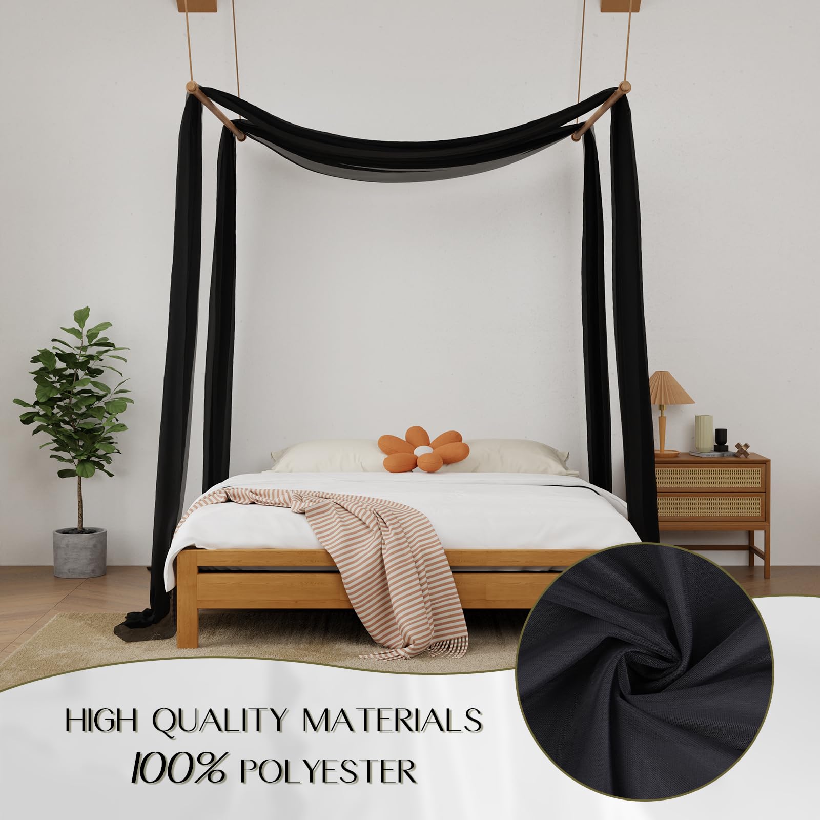 Luxury Black Sheer Canopy Bed Curtains - 52 x 256 Inches 2-Panel Bed Canopy Drapes for King Size Beds, Elegant Scarf Style Bedroom Decor for Adults & Girls - Perfect for Romantic Bedrooms, Boho Chic Spaces & Princess-Themed Rooms