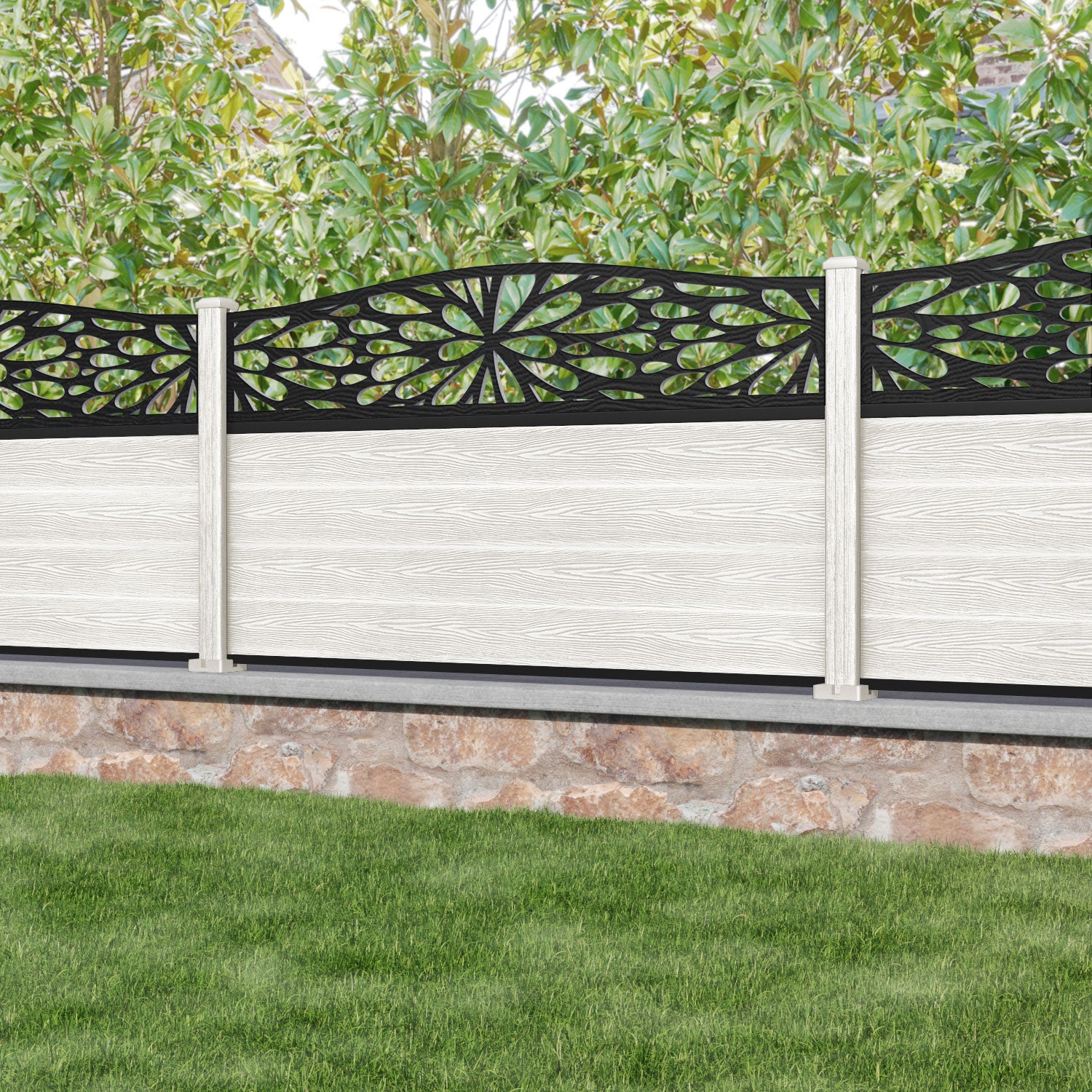 Classic Blossom Curved Top Fence Panel - Light Stone Composite Fence with Durable Posts | Perfect for Garden, Backyard, and Privacy Fencing