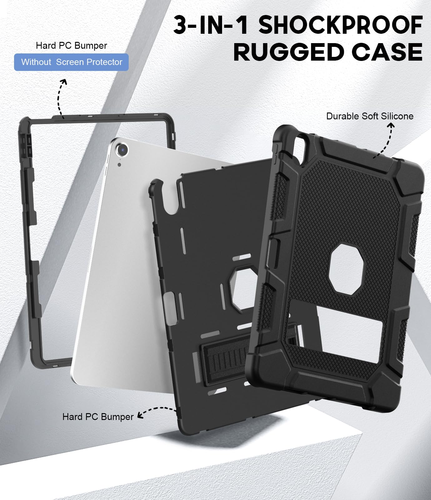 Shockproof Rugged Protective Case for iPad Air 13-inch (M3/M2) 2025/2024 - Heavy Duty Cover with Built-in Apple Pencil Holder - Perfect for Travel, Work & Outdoor Use - Black