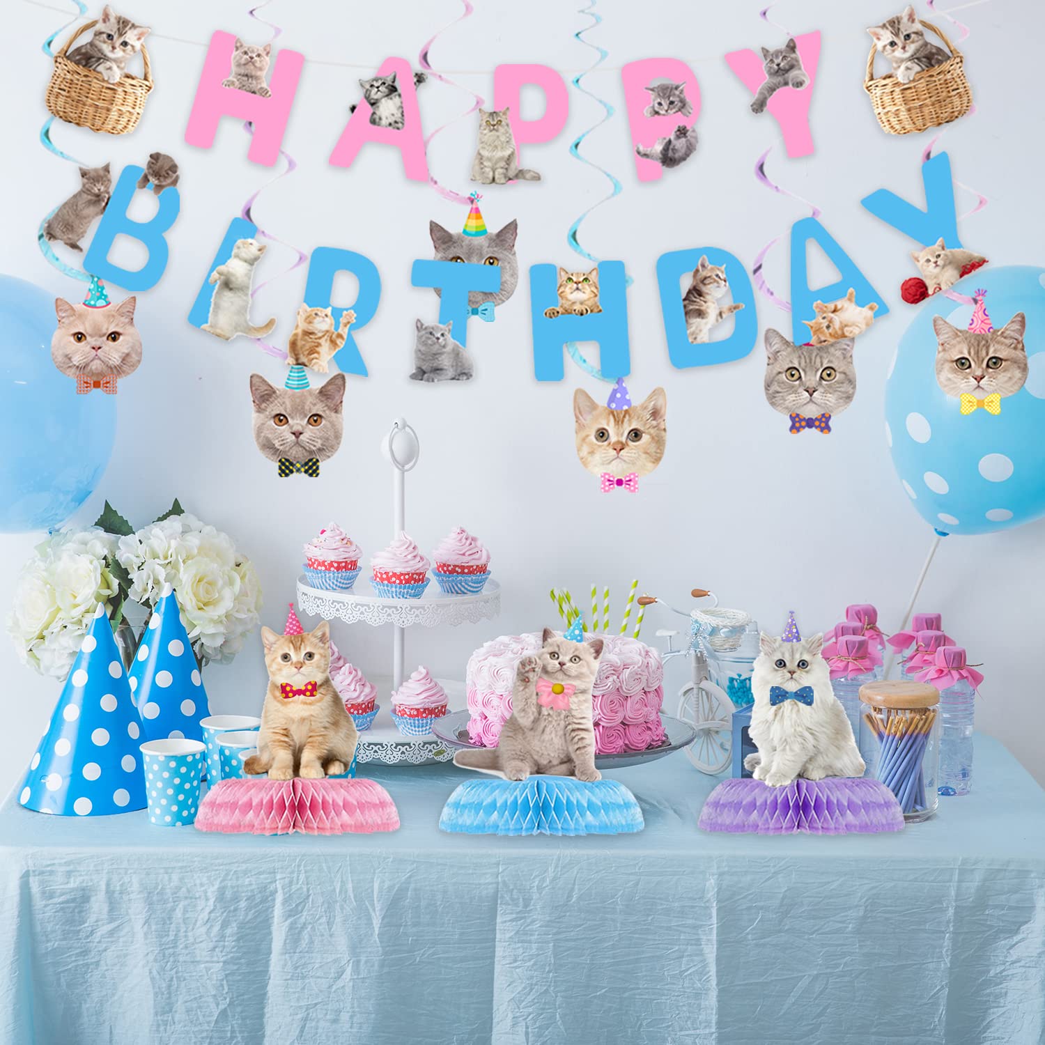 16 Pcs Cat Birthday Party Supplies Kit - Includes Happy Birthday Banner, Hanging Cutouts, Swirl Decorations & Honeycomb Centerpieces for Kitten Themed Parties | Perfect for Cat Lovers' Birthday Celebrations, Baby Showers & Pet Adoption Events