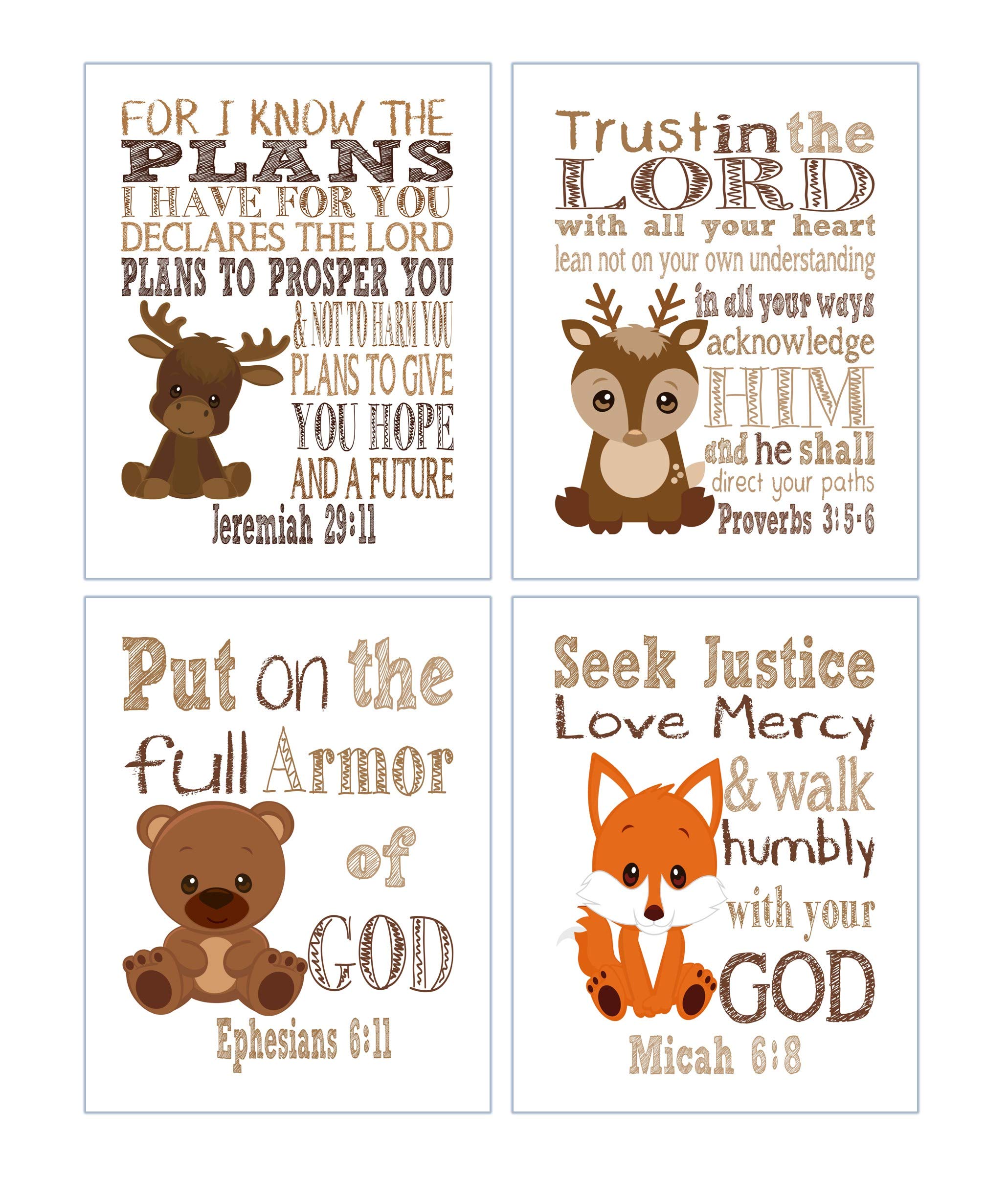 Woodland Animal Nursery Decor - 4 Prints with Bible Verses for Baby Room