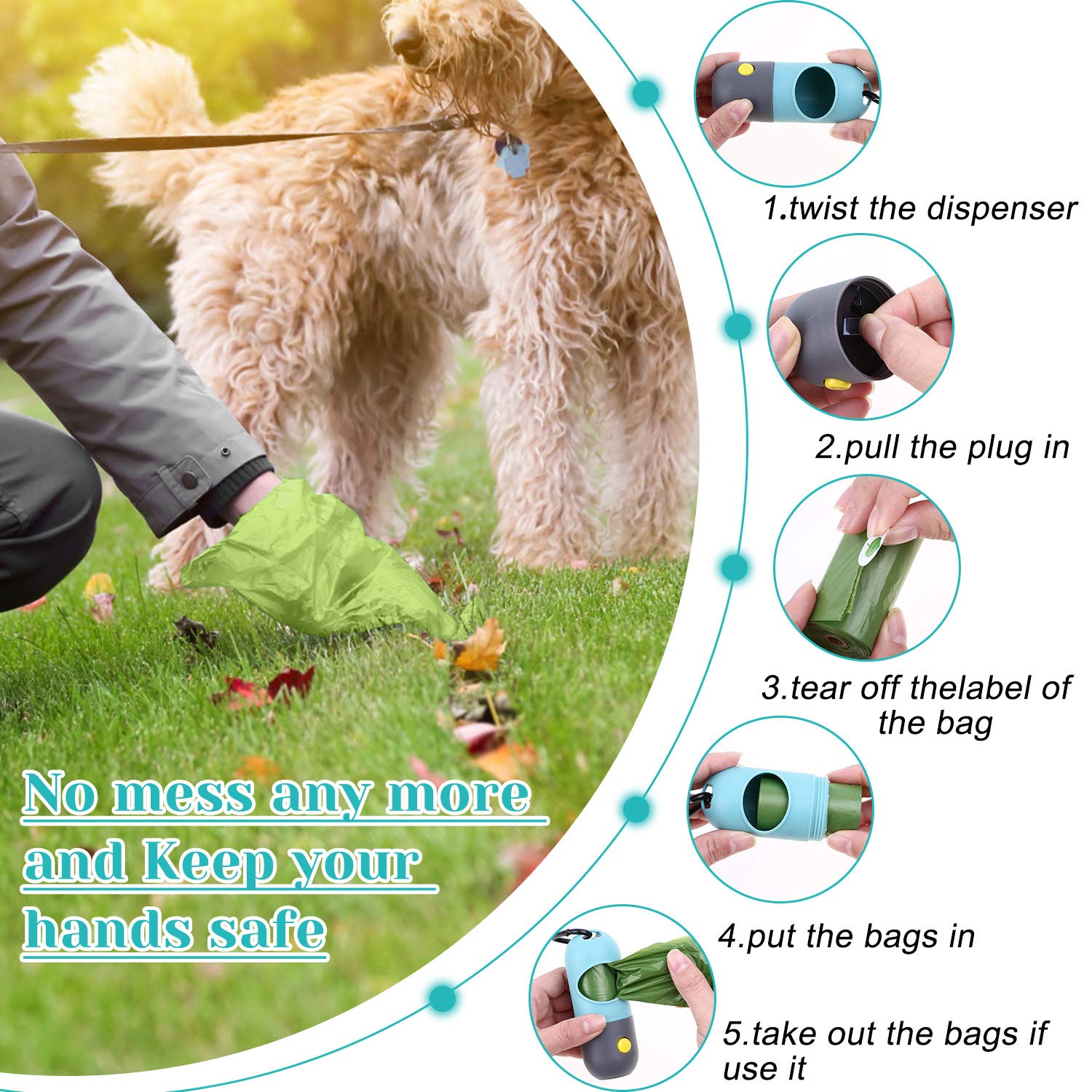 LED Dog Poop Bag Holder with Flashlight - 2 Pack Leash Attachment Waste Bag Dispenser with Carabiner Clip & 6 Rolls Included - Convenient for Night Walks, Park Visits, and Travel with Your Pet