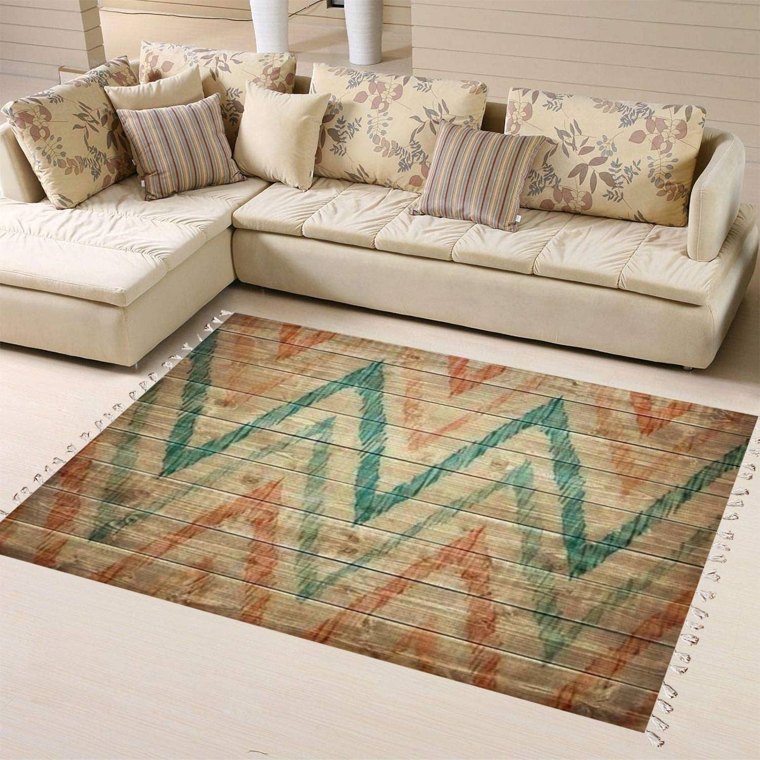 Handmade Boho Ikat Area Rug - Pastel Geometric Zig Zag Design, Linen Carpet for Living Room, Bedroom, Patio & Hallway | Vintage Modern Minimalist Home Decor for Indoor & Outdoor Use