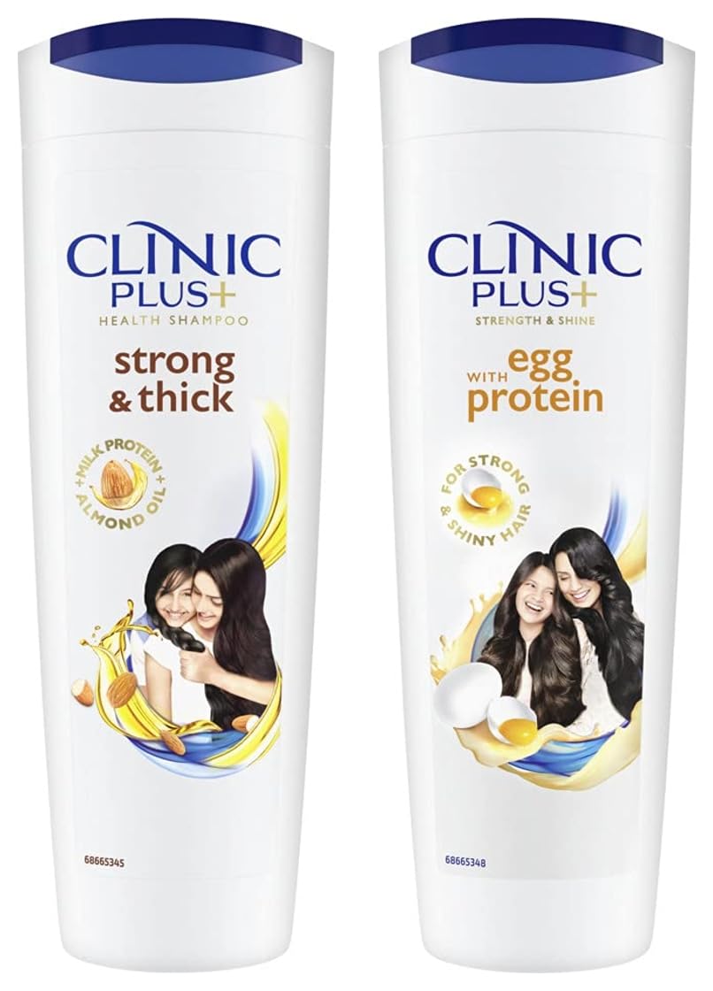 Clinic Plus Strength & Shine Shampoo with Egg Protein 355ml & Strong Thick Shampoo with Milk Protein & Almond Oil 355ml - Hair Strengthening & Volume Boost for Damaged Hair | Daily Use for Women & Men