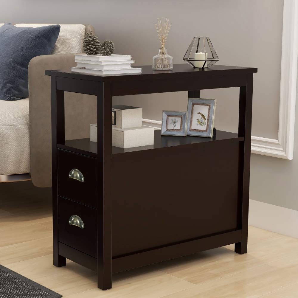 4-Tier Slim Narrow Side Table with 2 Drawers & Open Shelf - Small Space End Table, Nightstand for Living Room, Bedroom, Office - Perfect for Tight Corners, Apartment Decor & Modern Home Organization