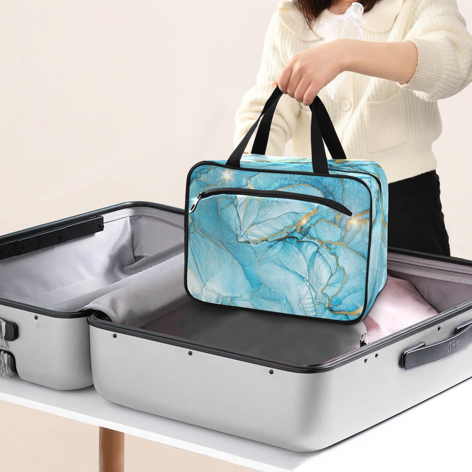 Floral Marble Travel Toiletry Bag for Women - Large Hanging Cosmetic Organizer with Hook - Perfect for Makeup, Skincare & Bathroom Storage | Ideal for Vacation, Gym & Business Trips