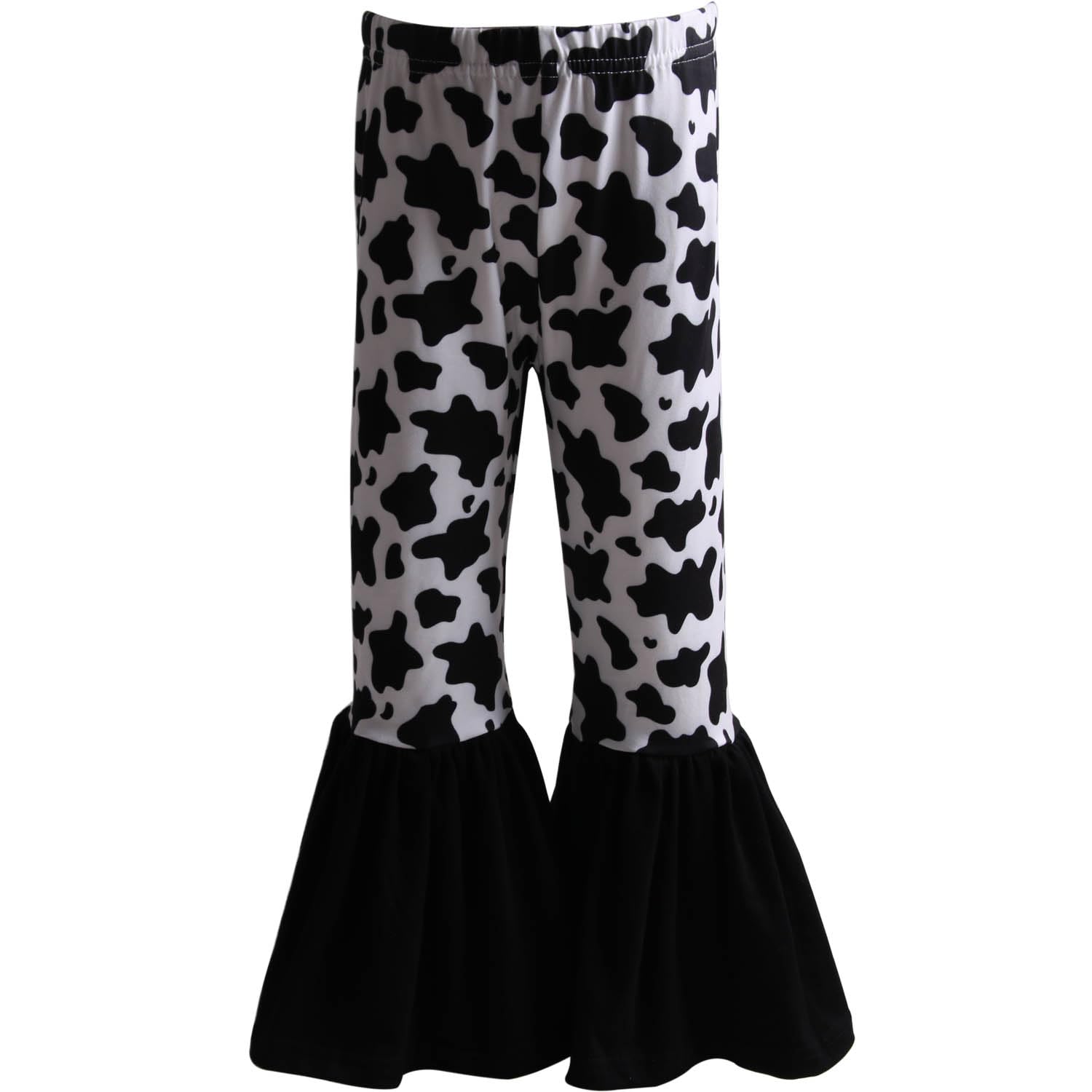 Girls Printed Bell Bottom Pants - Cow Animal Pattern Flare Leggings with Ruffle Hem for Casual Wear, Dance, and Party Outfits