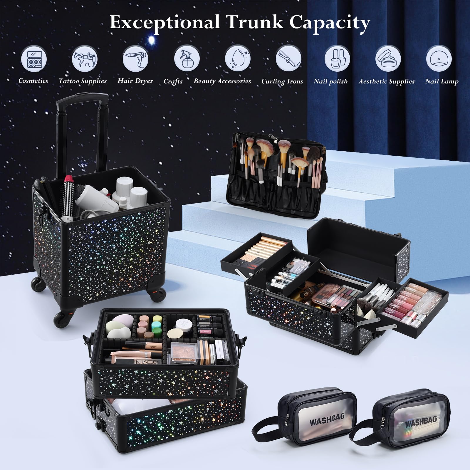 Stagiant 4-in-1 Rolling Makeup Case with Brush Waist Bag - Professional Cosmetic Trolley for Salon, Barber & Travel - Black Star Design - Perfect for Mobile Makeup Artists & Beauty Professionals On-The-Go