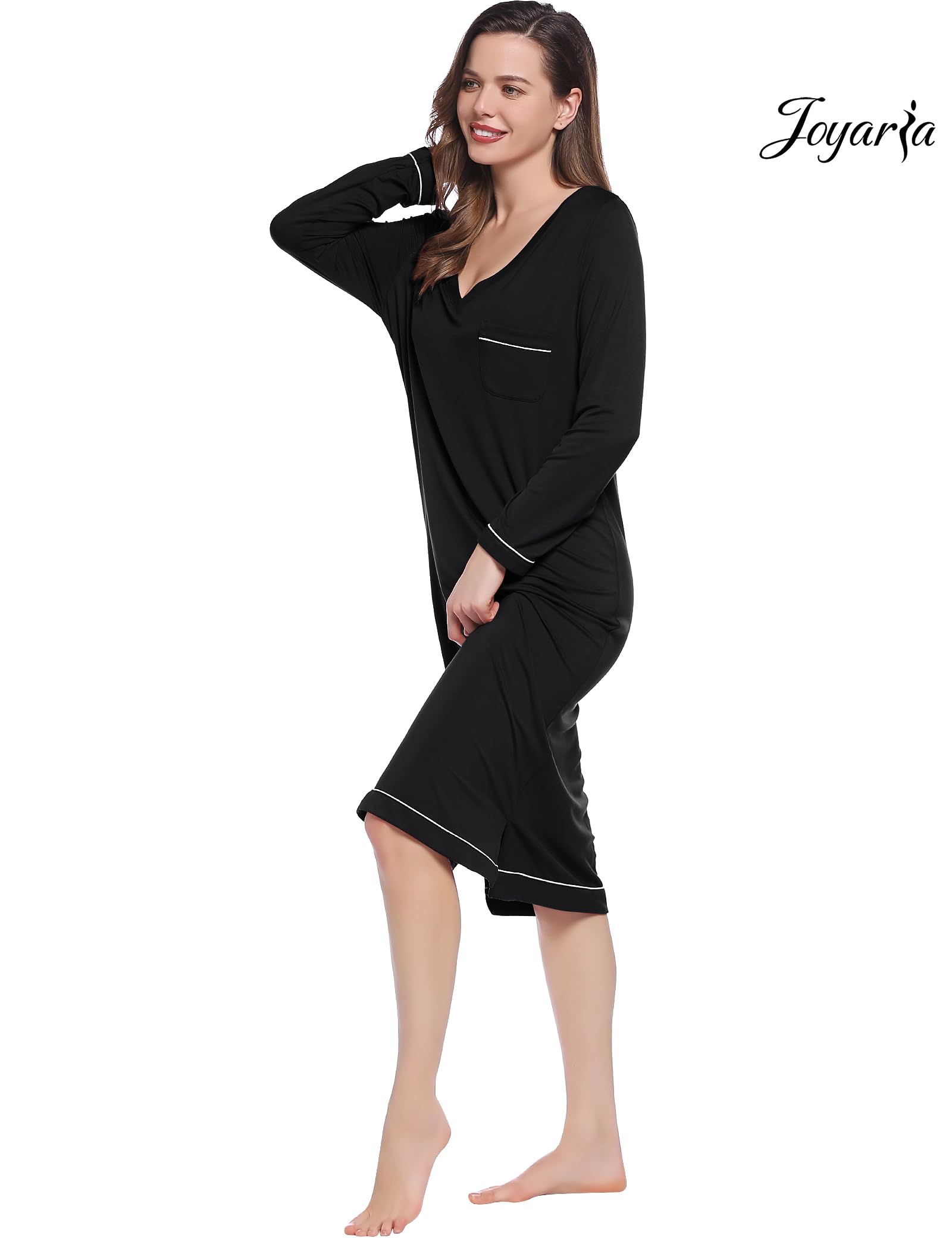 Joyaria Women's Soft Bamboo Viscose Long Sleeve Nightgown - Breathable V-Neck Sleep Shirt for Women, Comfortable Sleepwear Sizes S-XXL - Perfect for Relaxing at Home, Lounging & Overnight Comfort