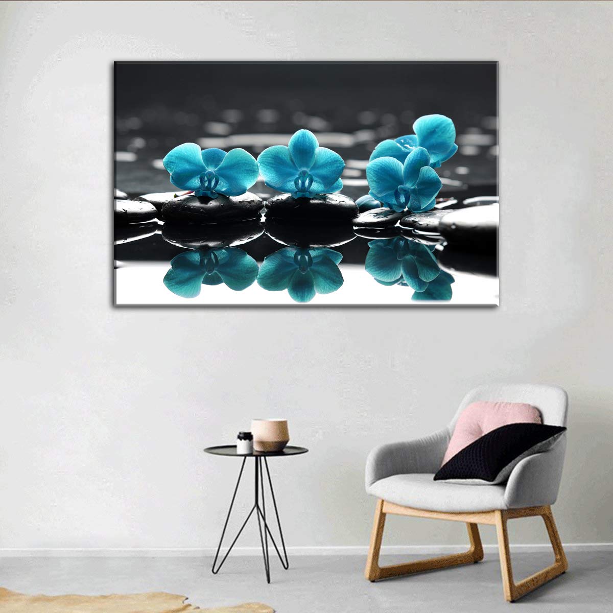 AMEMNY Blue Orchid Flowers Canvas Wall Art - Turquoise Modern Wall Decor for Living Room & Bathroom - Handmade Floral Painting for Home & Office Decor