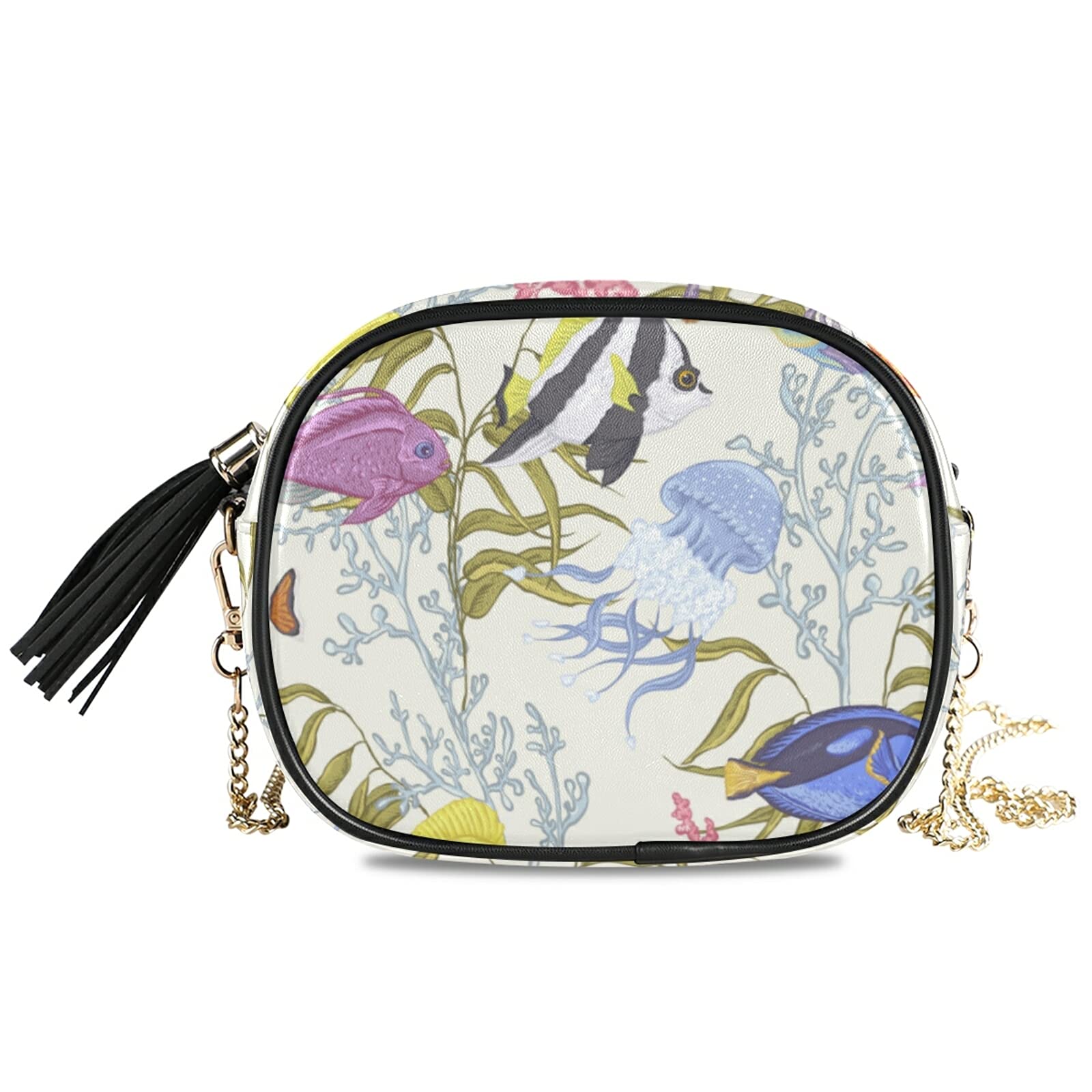 Women's Leather Crossbody Bag - Small Shoulder Purse with Adjustable Strap for Makeup & Travel | Coral Ocean Fish Design in Beige | Perfect for Daily Use, Shopping, and Vacation Accessories