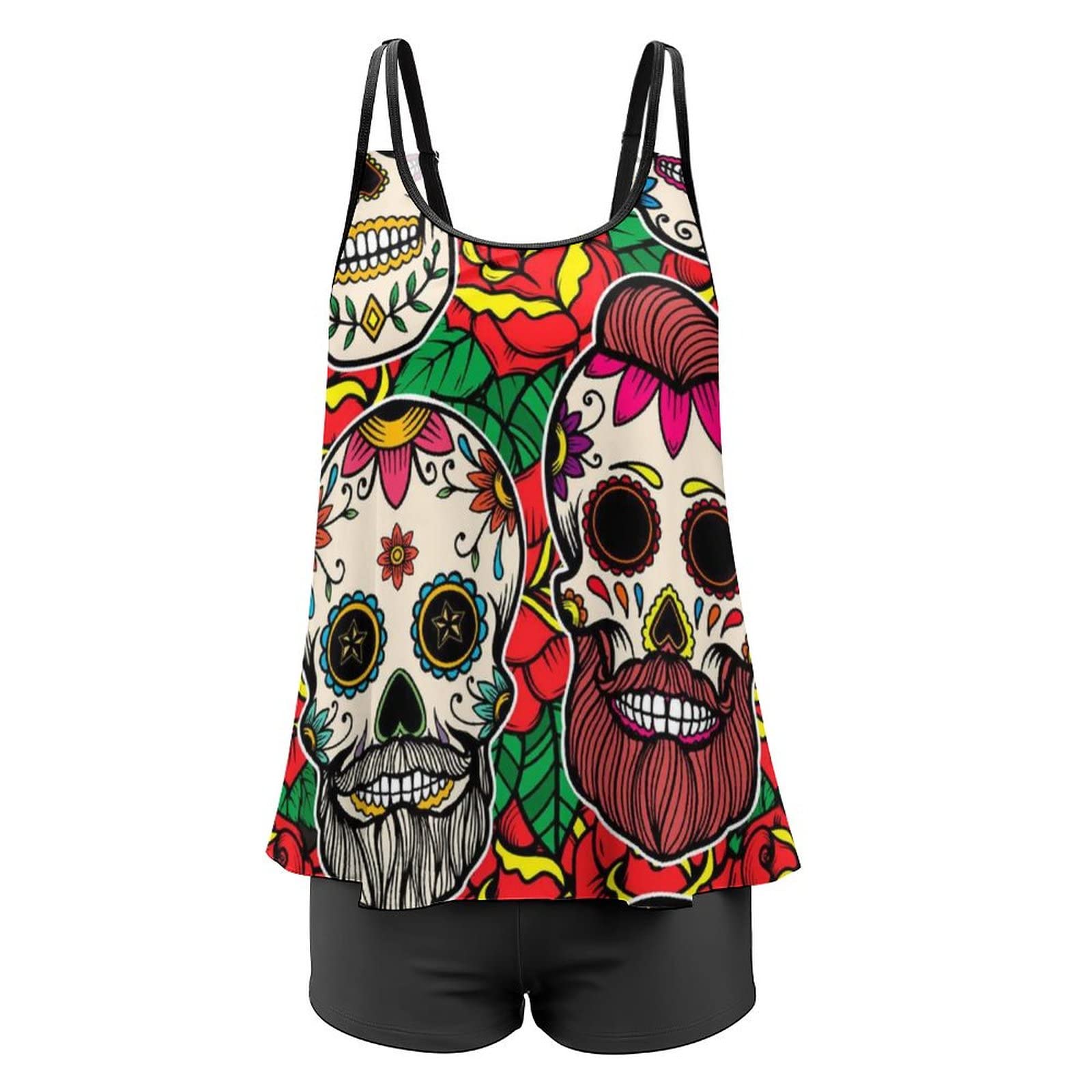 Women's Quick Dry Tummy Control Tankini Swimwear Set - Floral Rose & Sugar Skull Print Adjustable Strap Bathing Suit for Beach, Pool, Vacation | Plus Size Swimwear for Women, Loose Fit Two Piece Swimsuits for Swimming, Spa & Summer Activities