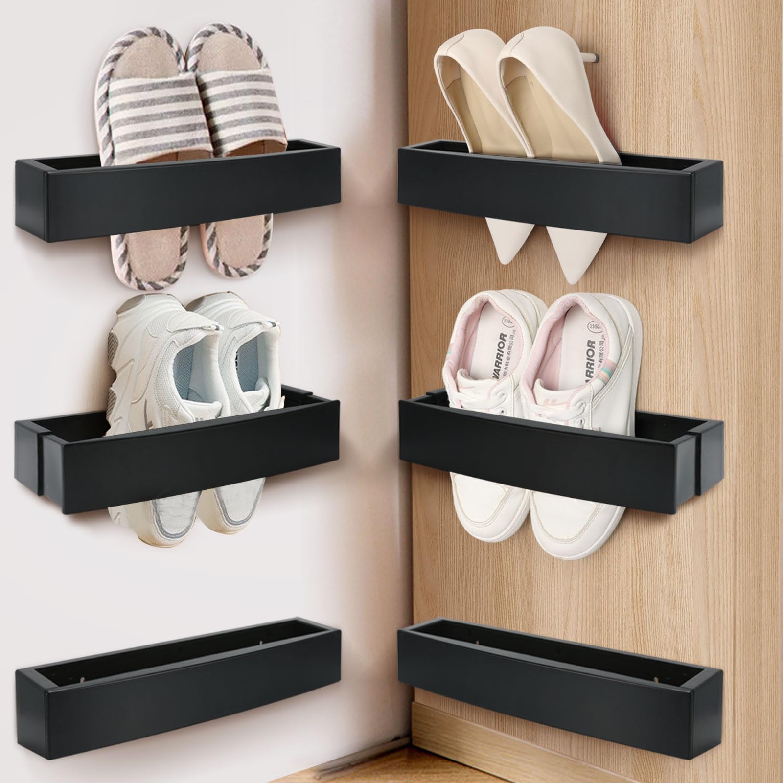 Adjustable Wall Mounted Shoe Rack - 6 Pack Plastic Shoe Holder Organizer for RV, Closet & Door Storage - Space Saving Hanging Shoe Shelf with Screw Stickers (Black) - Perfect for Small Apartments, Dorms & Entryway Organization