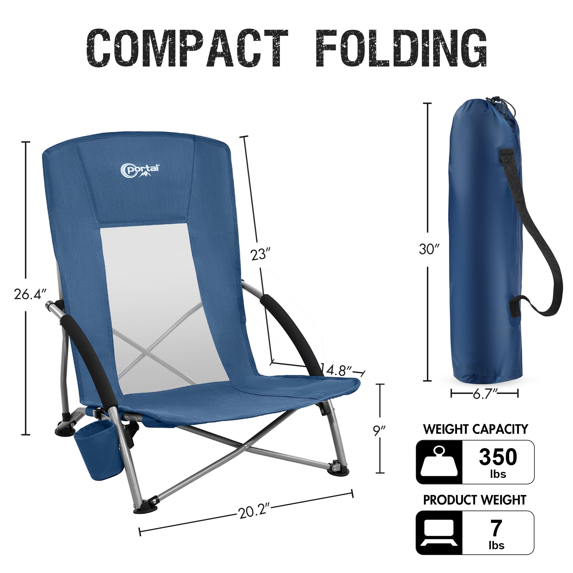 PORTAL Lightweight Beach Chair for Adults - Portable Camping Chair with Cup Holder, Mesh Back & Carry Bag - Supports 300LBS - Perfect for Outdoor, Travel, Picnic, Concert & Beach Use