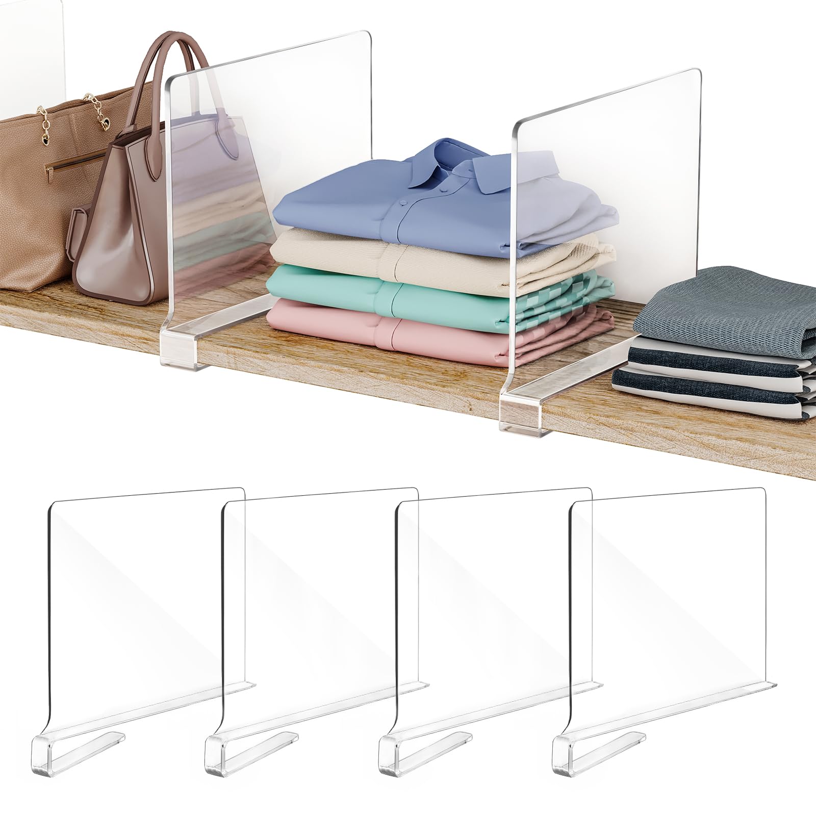Fixwal 4-Pack Clear Acrylic Shelf Dividers - Closet Organizer & Storage Shelf Organizer for Bedroom, Kitchen, Office, Cabinet & Bathroom - Perfect for Organizing Clothes, Books, Spices & Toiletries