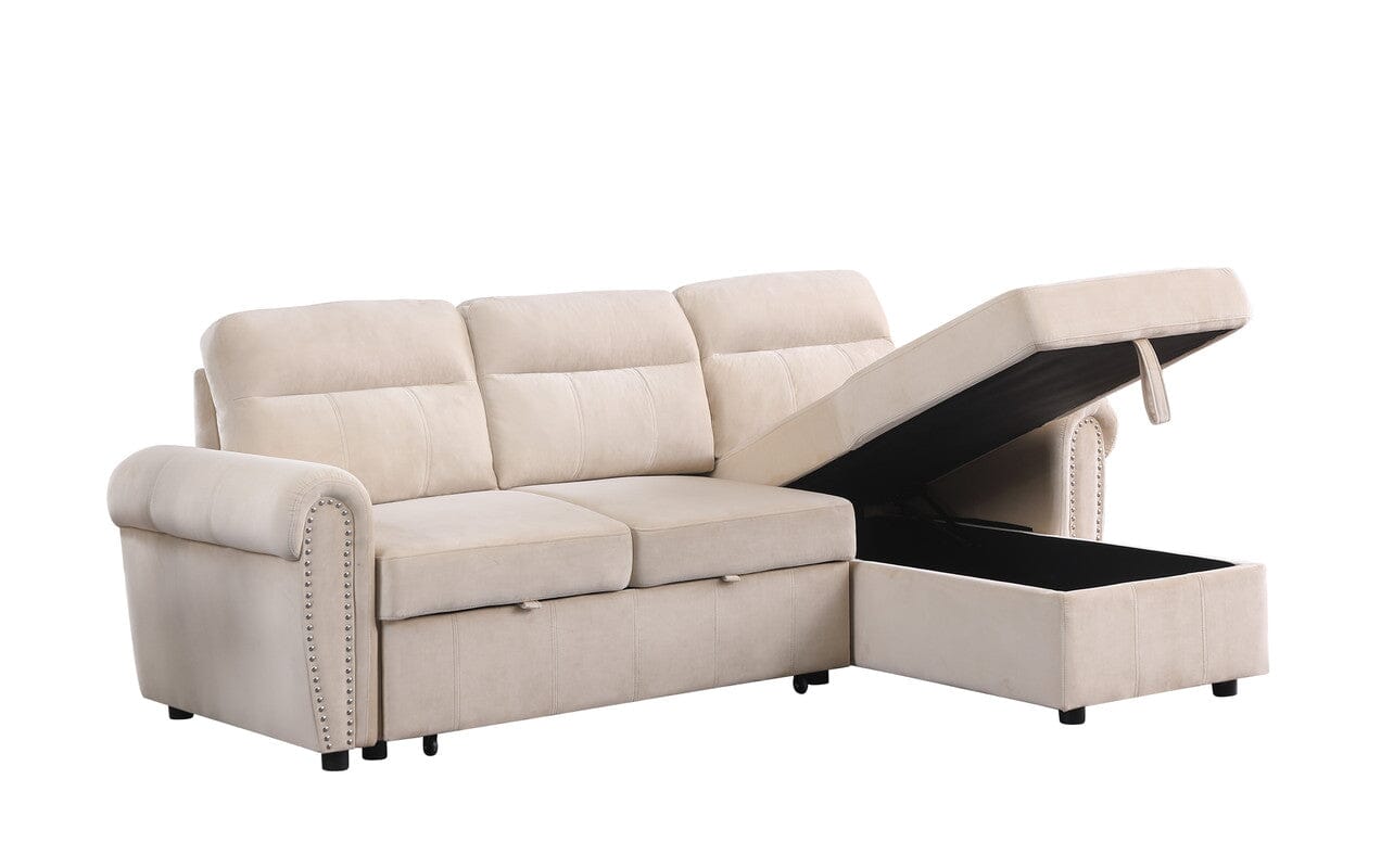 Luxury Ashton Beige Velvet Reversible Sectional Sofa with Chaise Lounge - Modern Reversible Sleeper Sofa for Living Room, Home Theater & Small Spaces