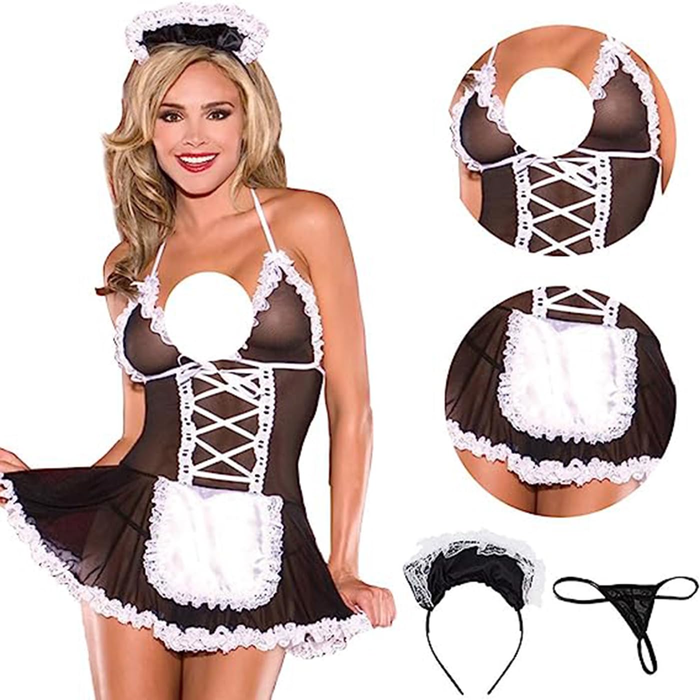VicSec Sexy Lingerie Sheer French Maid Costume - Transparent Lace Fancy Dress for Women, Halloween Cosplay, Boudoir Photoshoot, Role Play Outfit