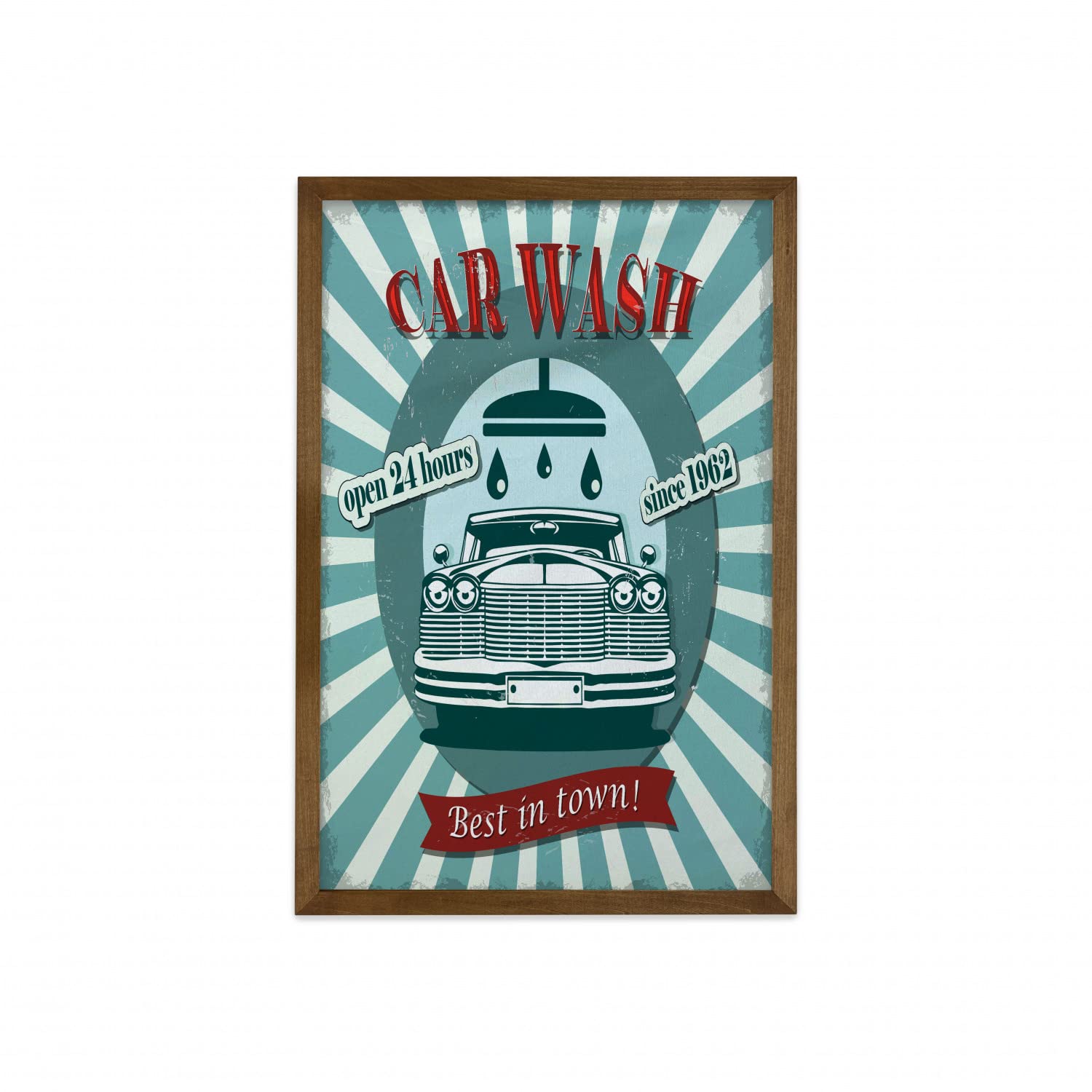 Ambesonne Vintage Car Wash Sign Wall Art - Retro Framed Fabric Decor with Teak Wood Frame, 23x35 Inches, Red & Teal - Perfect for Home, Office & Dorm Room Decor | Classic Commercial Style Graphic Design for Living Room, Bedroom or Man Cave