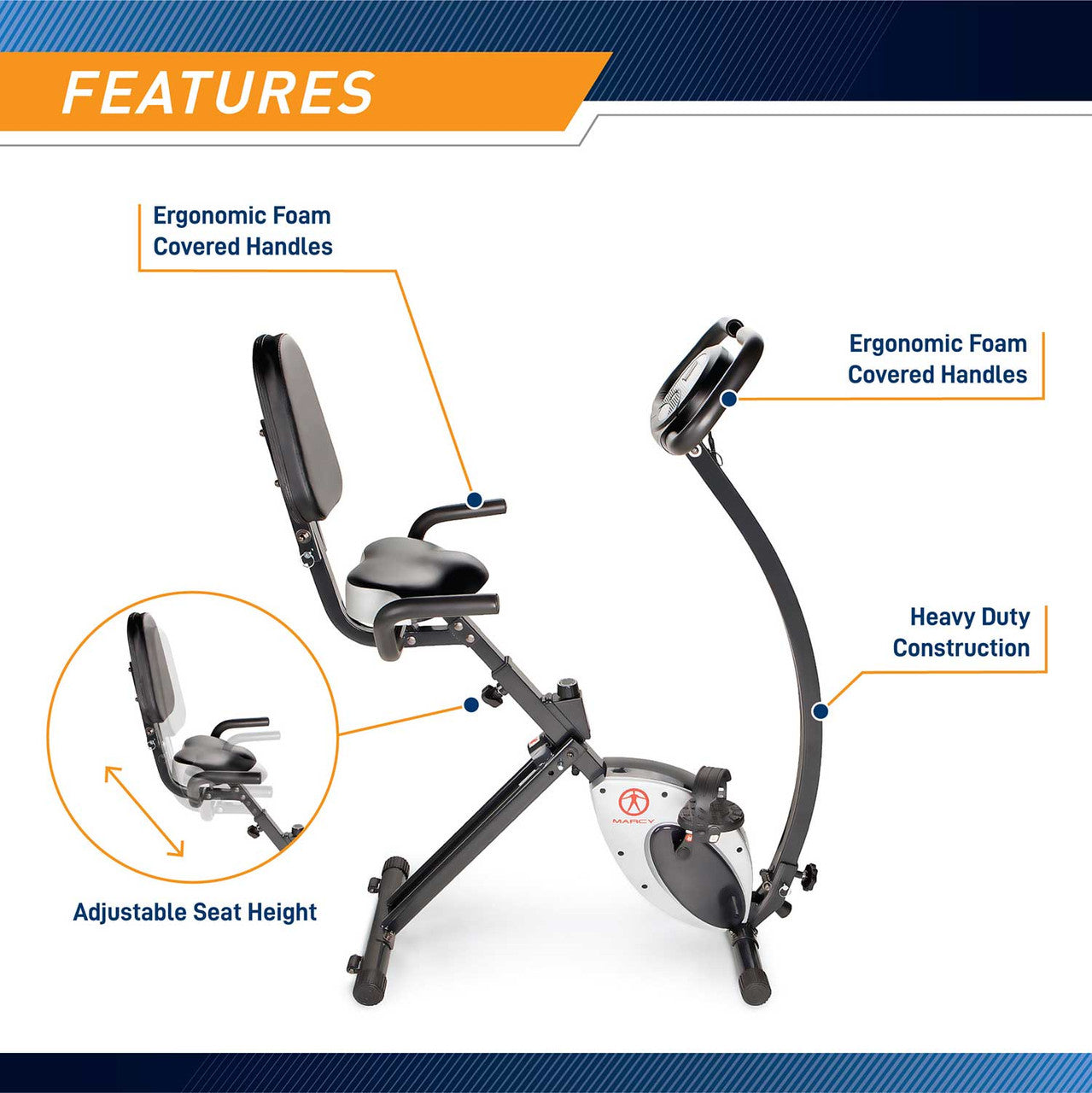 Marcy Foldable Exercise Bike with High Back Seat NS 653 - Adjustable Home Gym Equipment for Cardio Workouts & Indoor Cycling - Perfect for Small Spaces, Apartment Fitness & Low-Impact Training