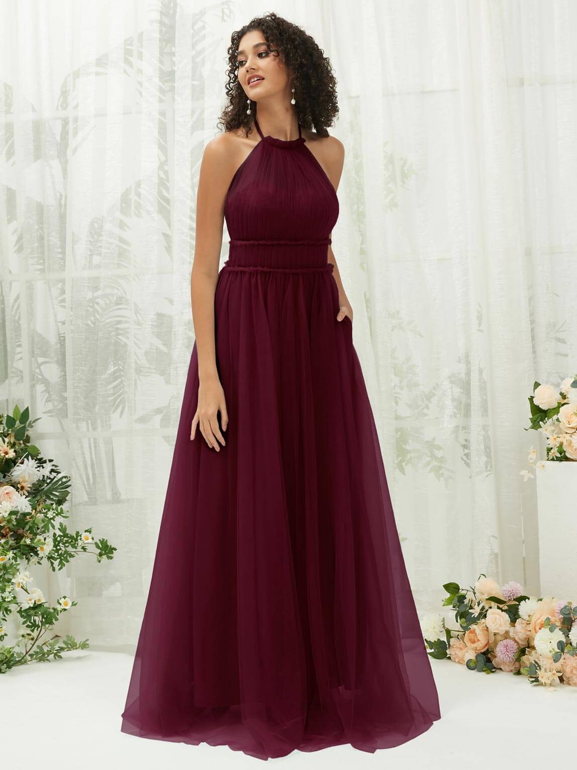 Elegant Burgundy Tulle Halter Neck Floor-Length Bridesmaid Dress with Hidden Pocket - Perfect for Weddings, Formal Events & Special Occasions
