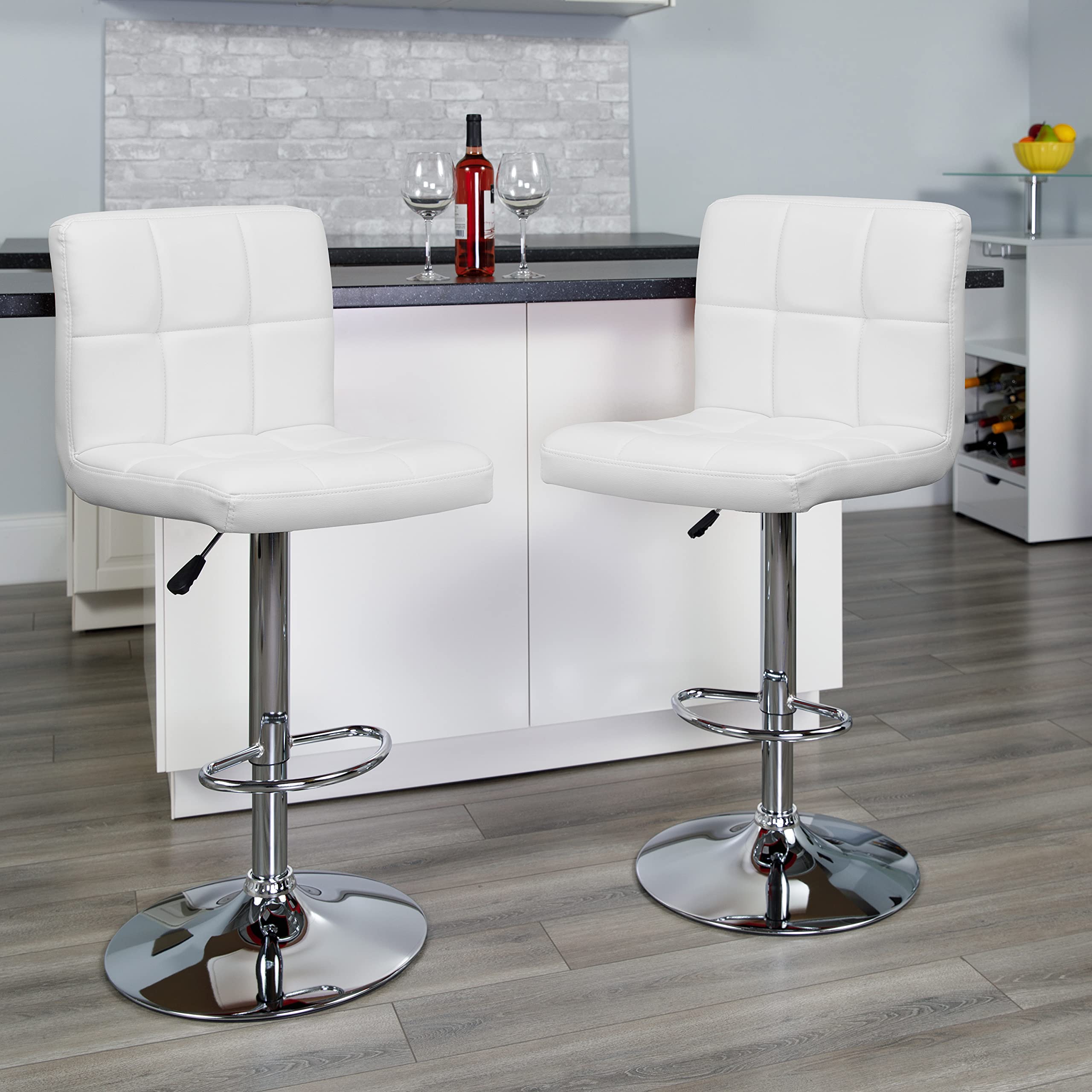 Flash Furniture Alexandra 2-Pack Contemporary White Quilted Vinyl Adjustable Height Bar Stools with Chrome Base - Perfect for Kitchen Islands, Breakfast Bars & Home Bars