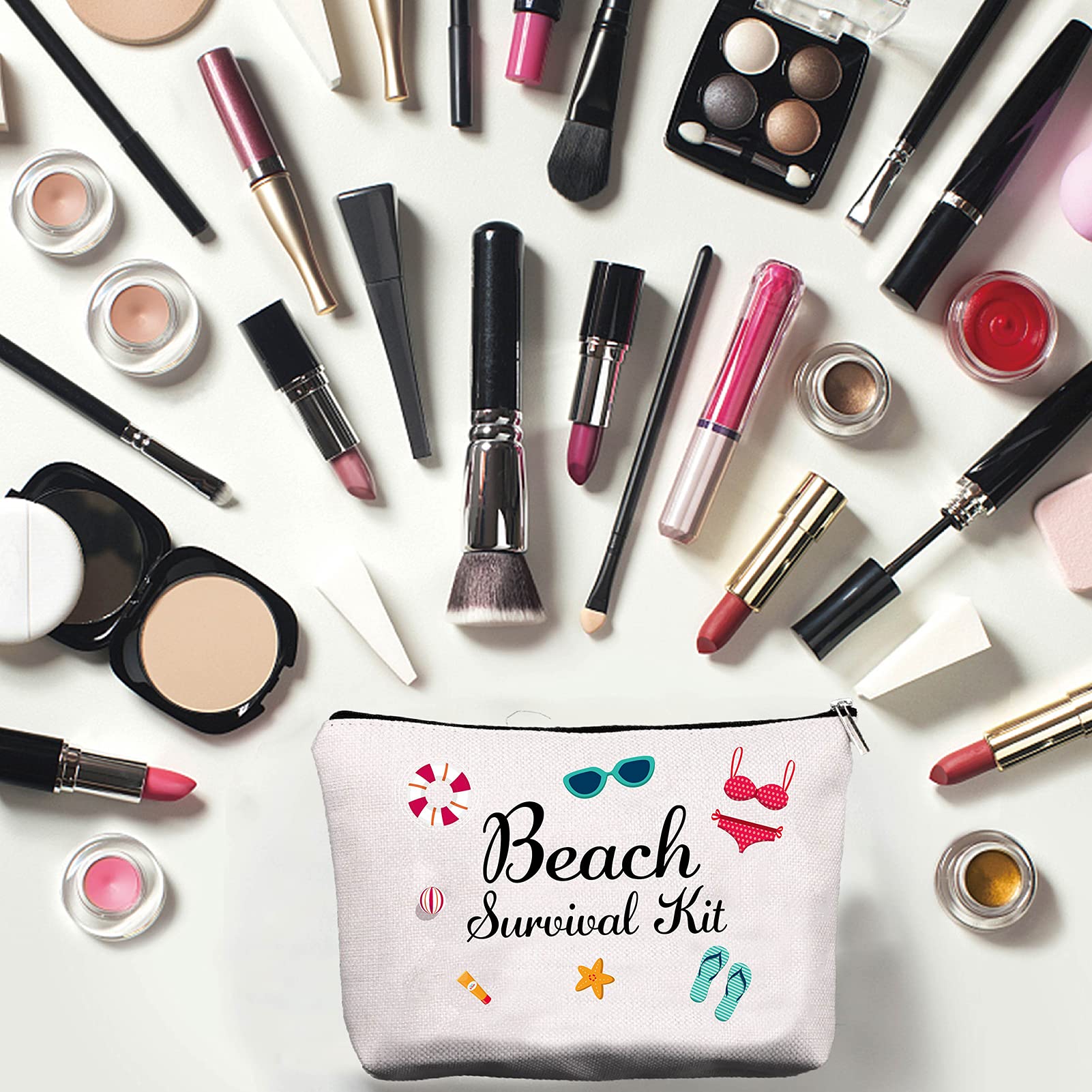 CREATCABIN Canvas Makeup Bag - Printed Cosmetic Organizer, Beach Survival Kit, DIY Craft Pouch with Zipper | Toiletry Bag for Women | Holds Keys, Headphones, Lipstick, Cards & Pens | 10x7 Inch | Perfect for Travel, Gym & Daily Essentials