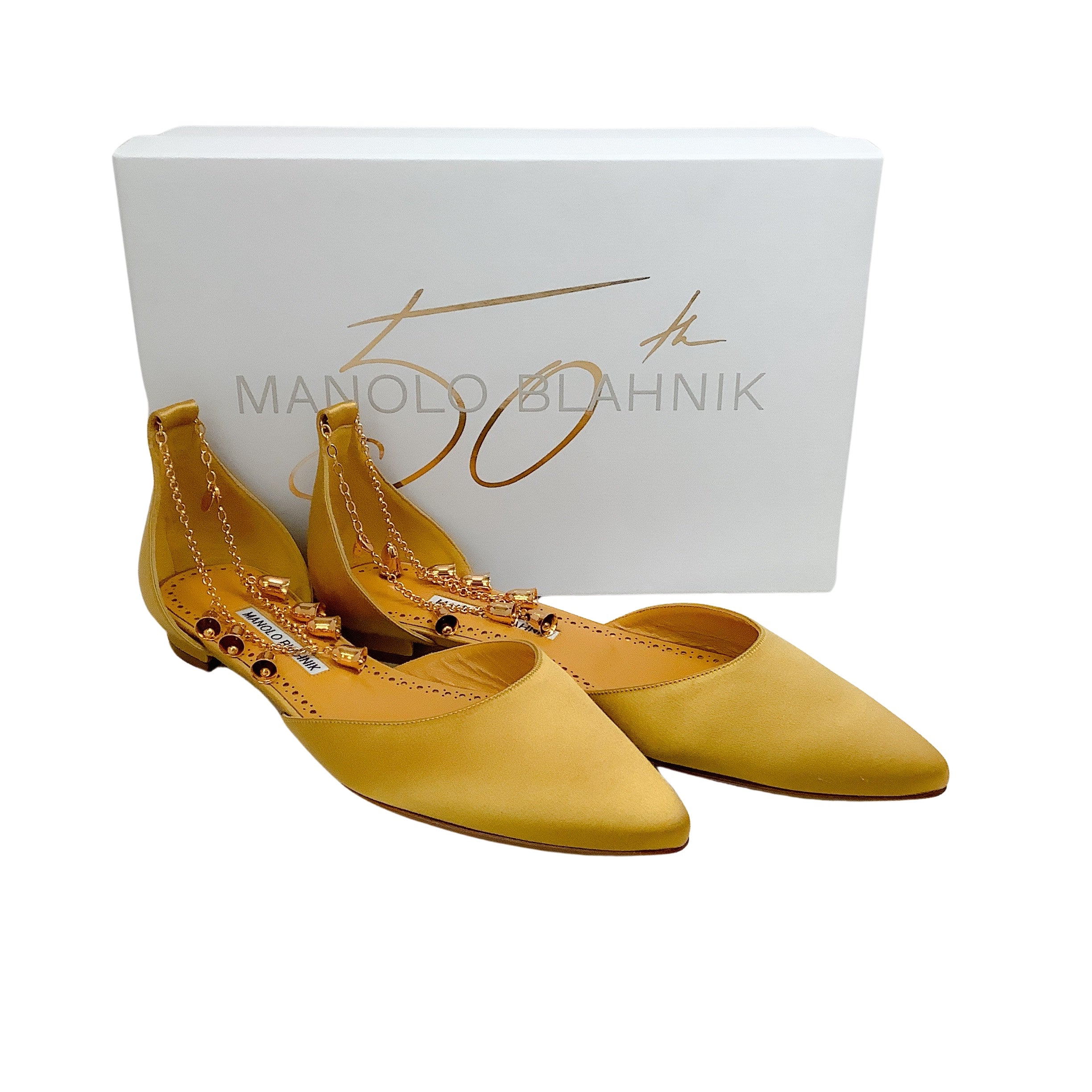 Manolo Blahnik Women's Gold Satin Campanilla Ballet Flats - Elegant Pointed Toe Comfortable Dress Shoes for Wedding, Party & Formal Occasions