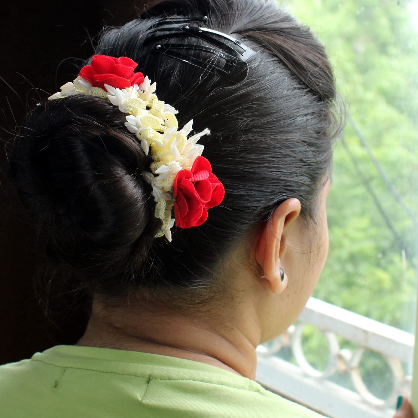 Karki Fusion Artificial Rose Mogra White Gajra Hair Accessories - Rubber Band for Women (Pack of 2) - White with Red Rose - Perfect for Weddings, Parties & Traditional Indian Hairstyles