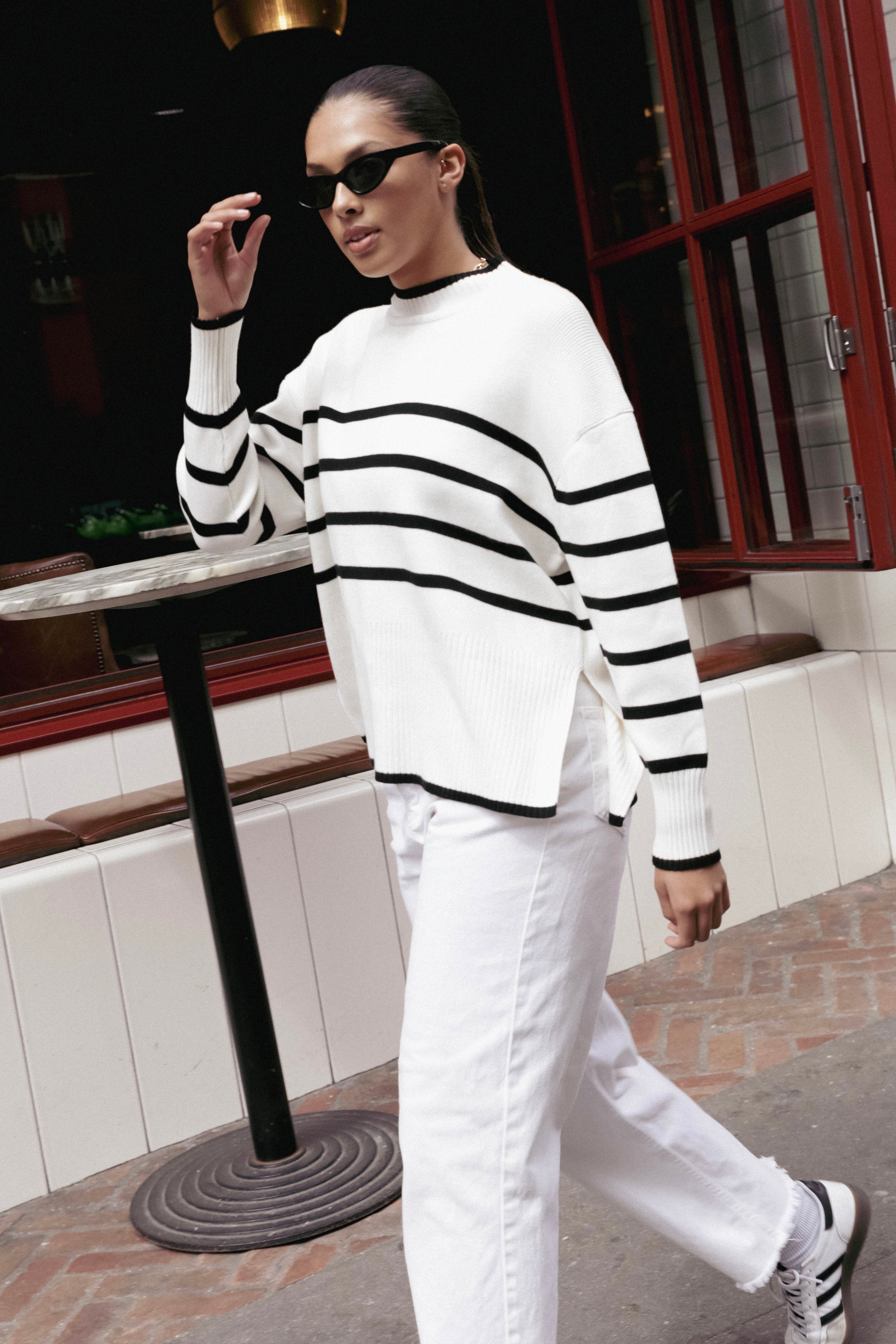 Ardent White Stripe Funnel Neck Jumper - Women's Chunky Knit Sweater for Fall & Winter | Cozy Office Wear & Casual Outfits