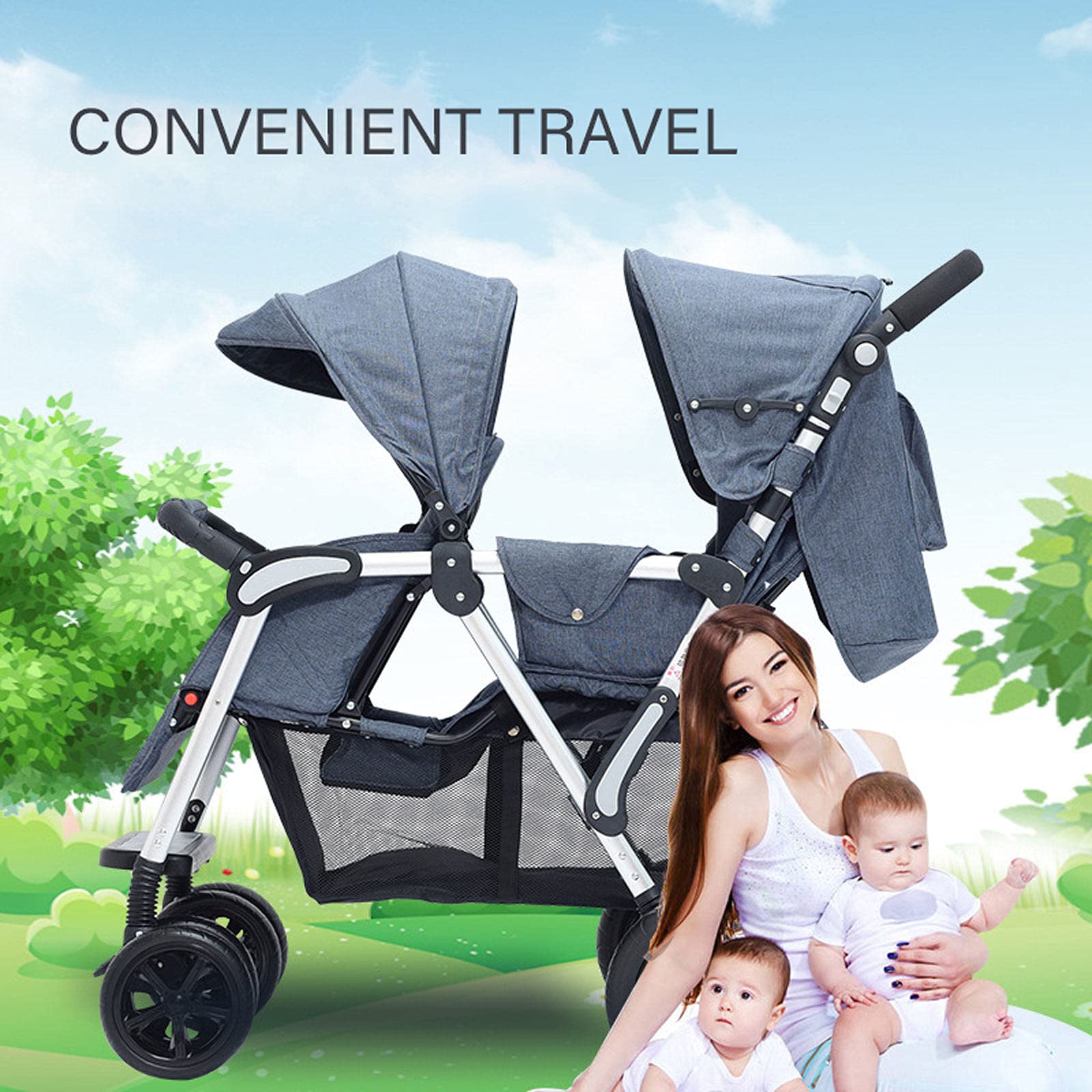ESSBABY Double Stroller for Twins & Siblings - Lightweight Foldable Tandem Pushchair with Adjustable Height & Sun Canopy | Perfect for Shopping, Travel & Daily Walks