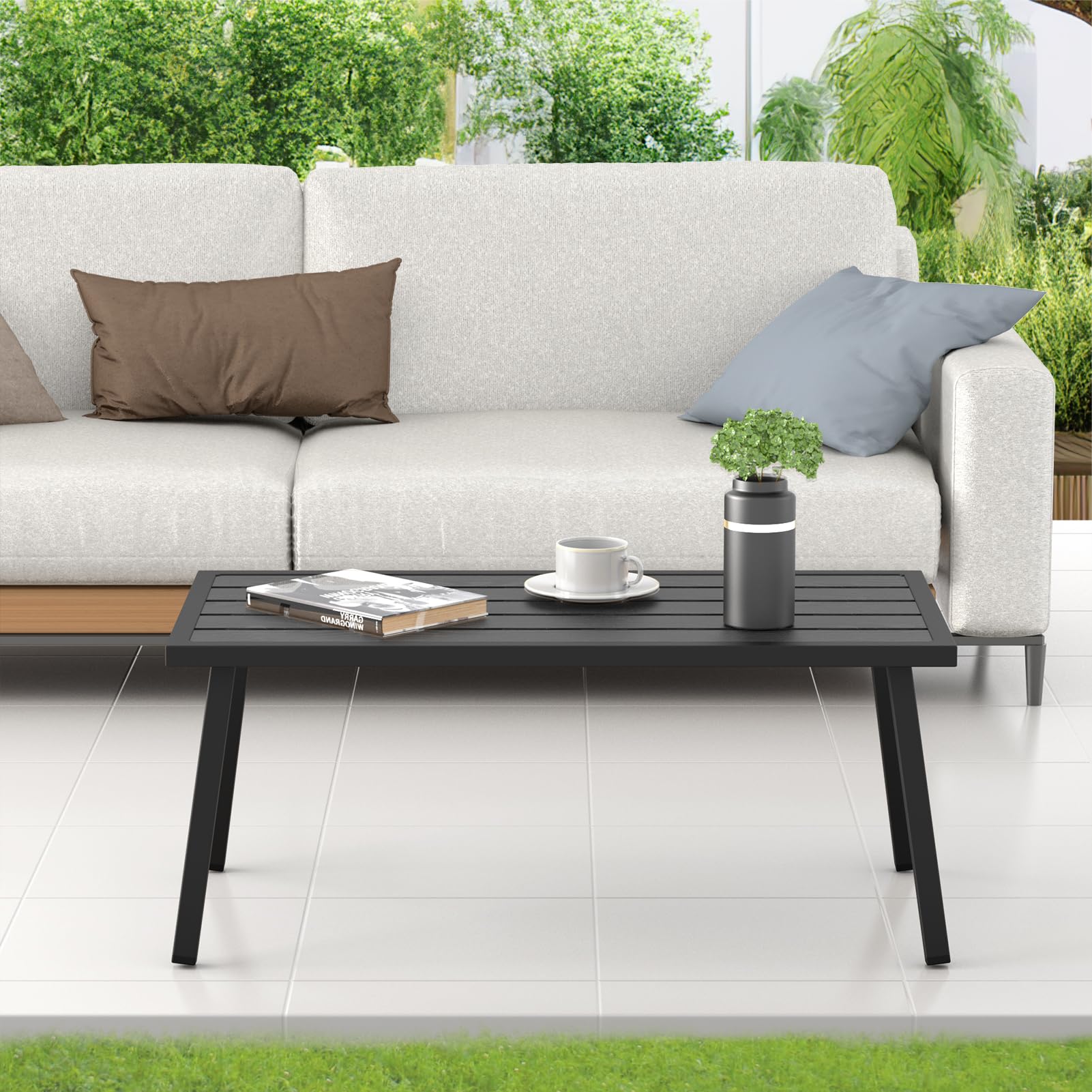 Black Rectangle Small Metal Outdoor Coffee Side Table - Patio Garden Balcony Furniture for Relaxing & Entertaining