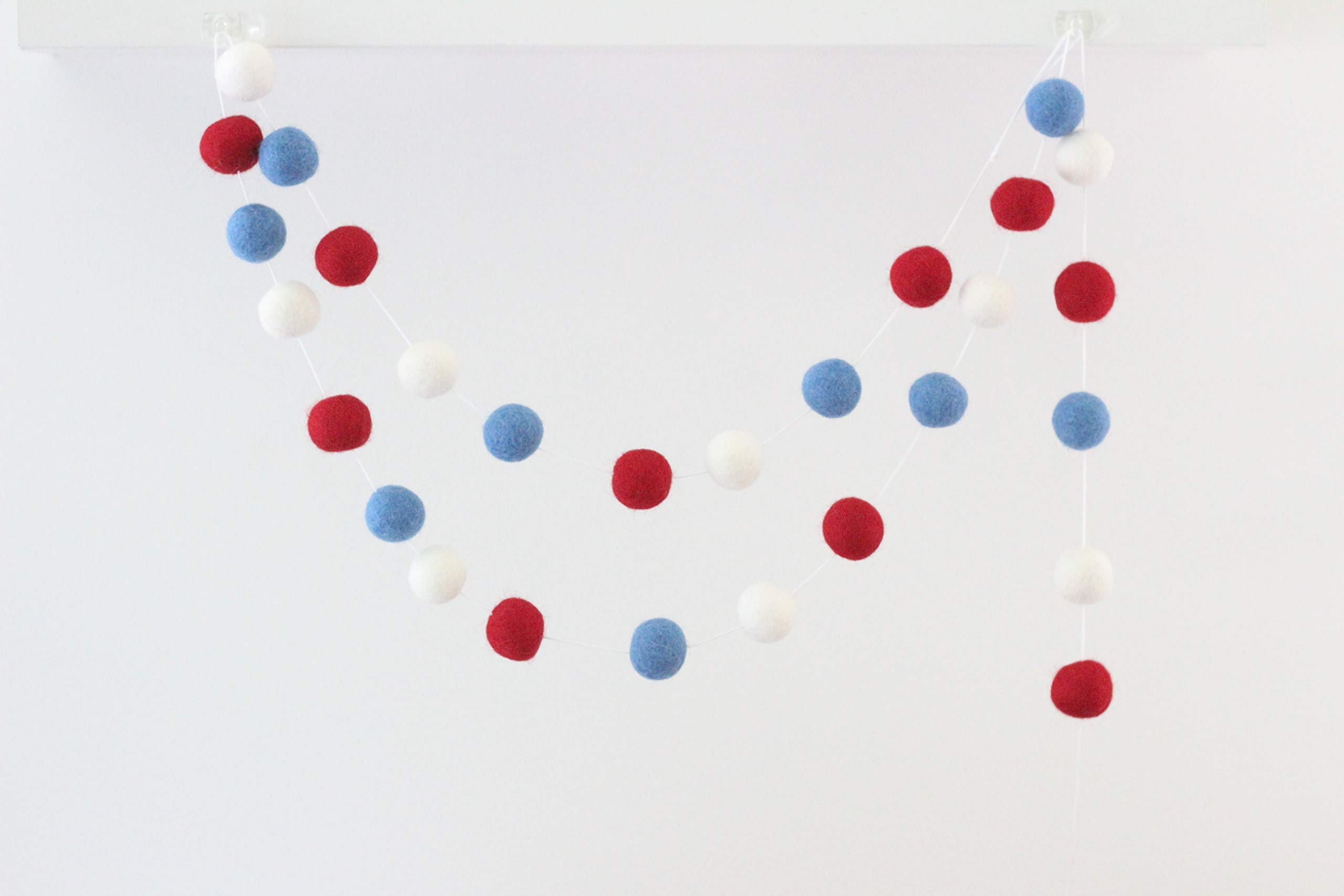 Red White & Blue Adjustable Handmade Felt Ball Garland - 1 Inch Pom Poms, 7 Feet Long with 28 Felt Balls by Sheep Farm Felt | Perfect for Summer Decorations, 4th of July Parties, Baby Showers & Nursery Wall Decor