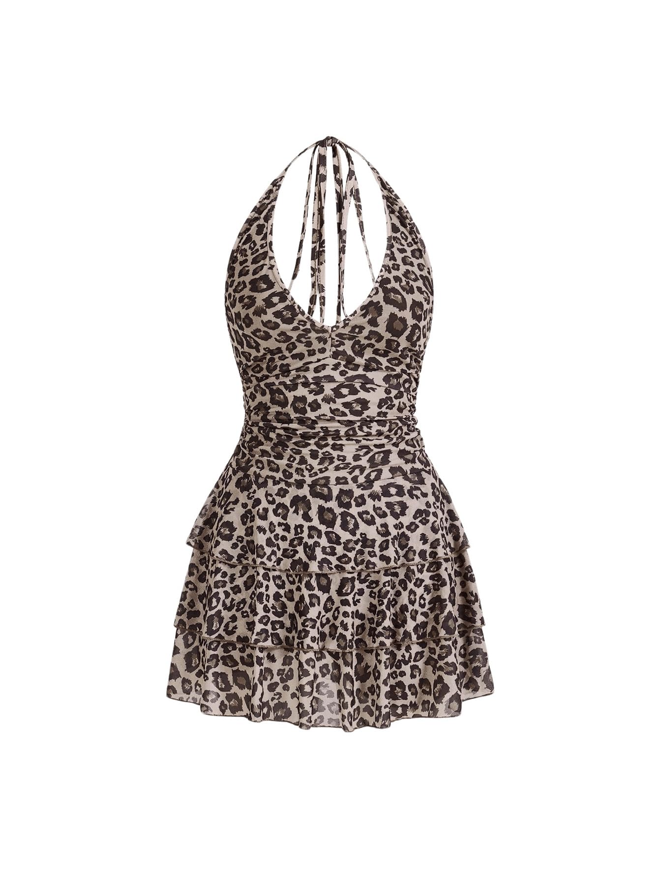 Y2K Leopard Print Halter Dress for Women - Sexy Ruched Tie Backless Mini Dress with Cheetah Mesh Ruffle & Tiered Layers | Perfect for Club Wear, Date Night, and Summer Parties