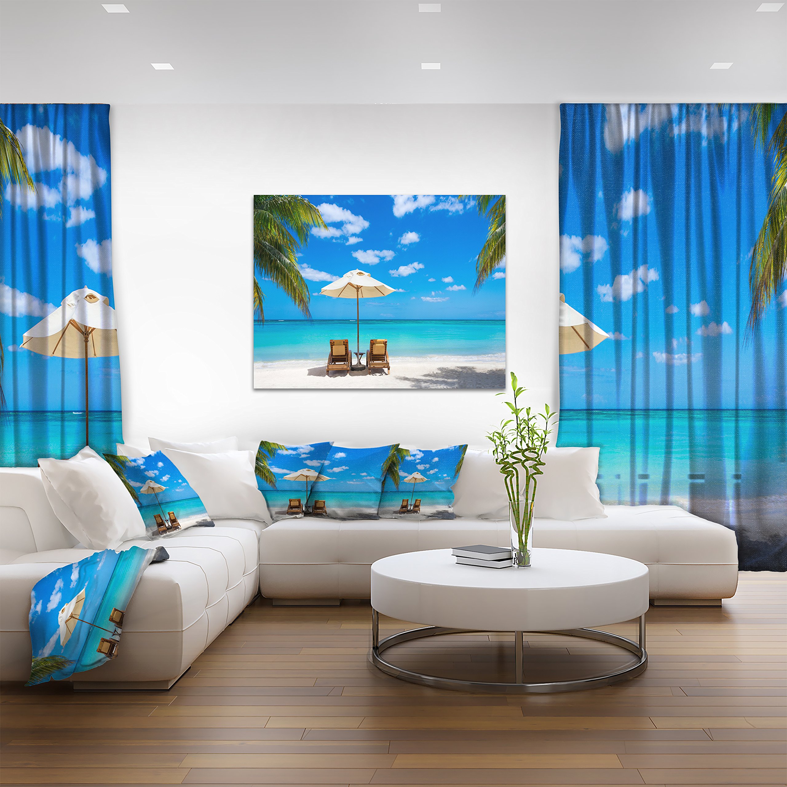 Designart PT9446-20-12 Turquoise Beach with Chairs Seashore Photo Canvas Print - 12x20 Inches - Blue Coastal Wall Art - Perfect for Living Room, Bedroom & Office Decor