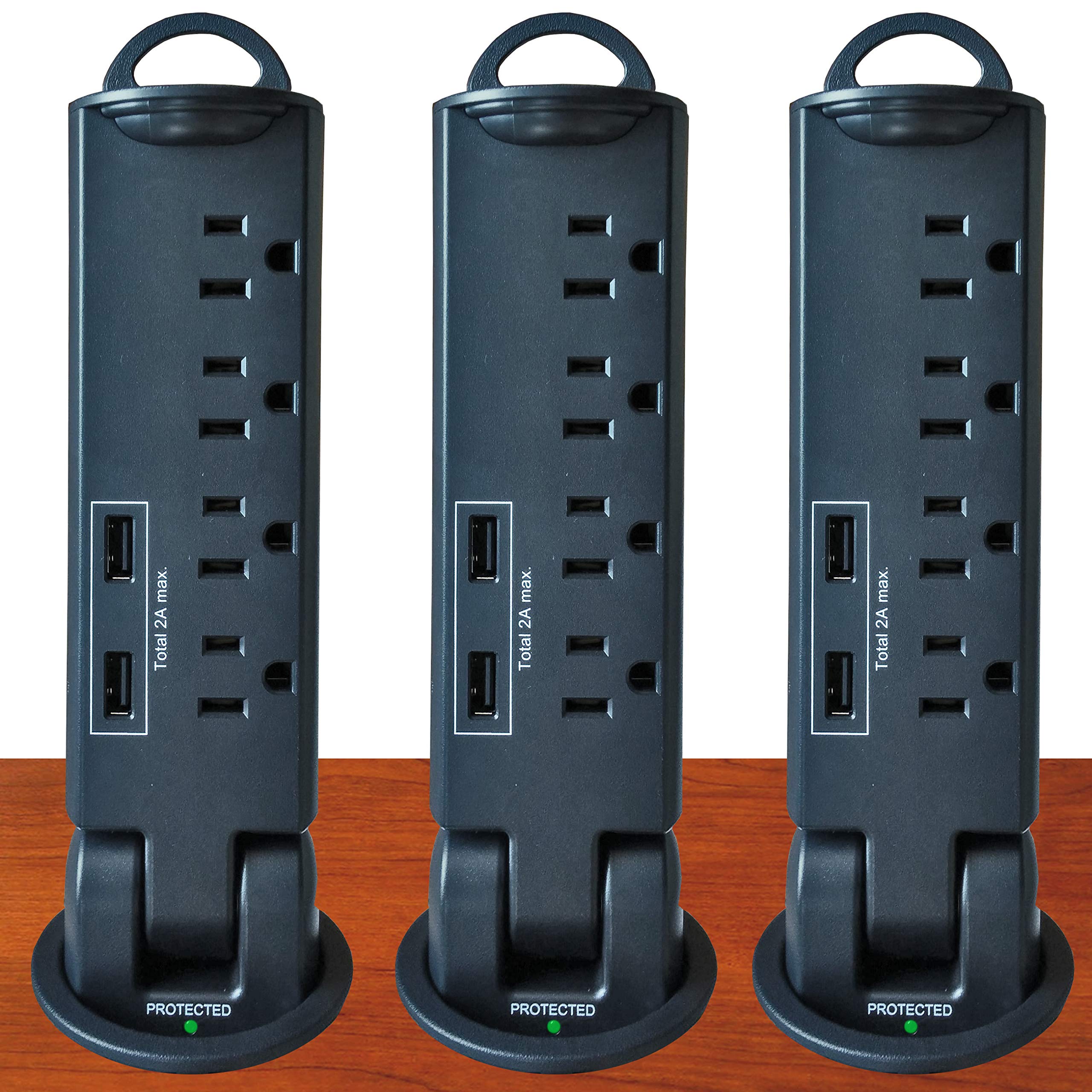 Electriduct Black Desktop Pull-Up PowerTap Grommet with Surge Protector & Dual USB Charger (2.4A) - 3 Pack for Home Office, Workstation & Conference Room Setup