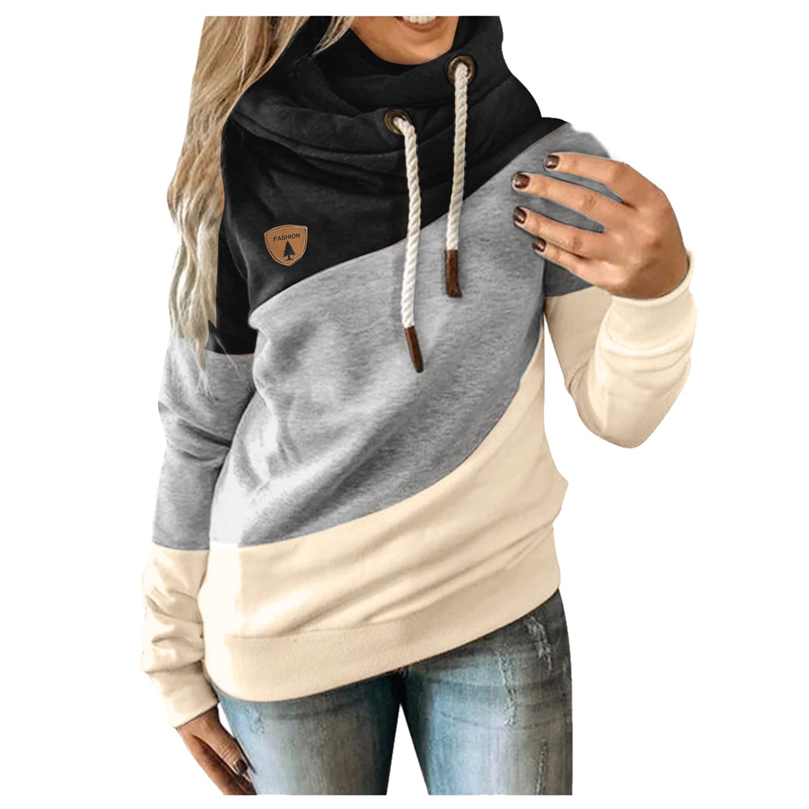 Women's Long Sleeve Contrast Stitch Hoodie - Casual Solid Color Pullover Sweatshirt with Splice Design | Cozy Housewear & Outdoor Loungewear for Everyday Comfort