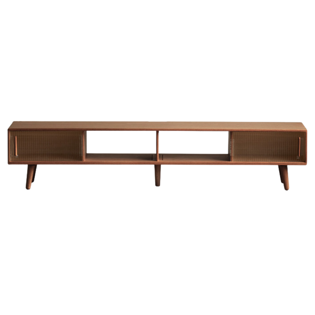 Solid Oak Wood TV Stand with Glass Sliding Doors - Rustic Rubber Wood Entertainment Center for Living Room, Bedroom & Home Theater