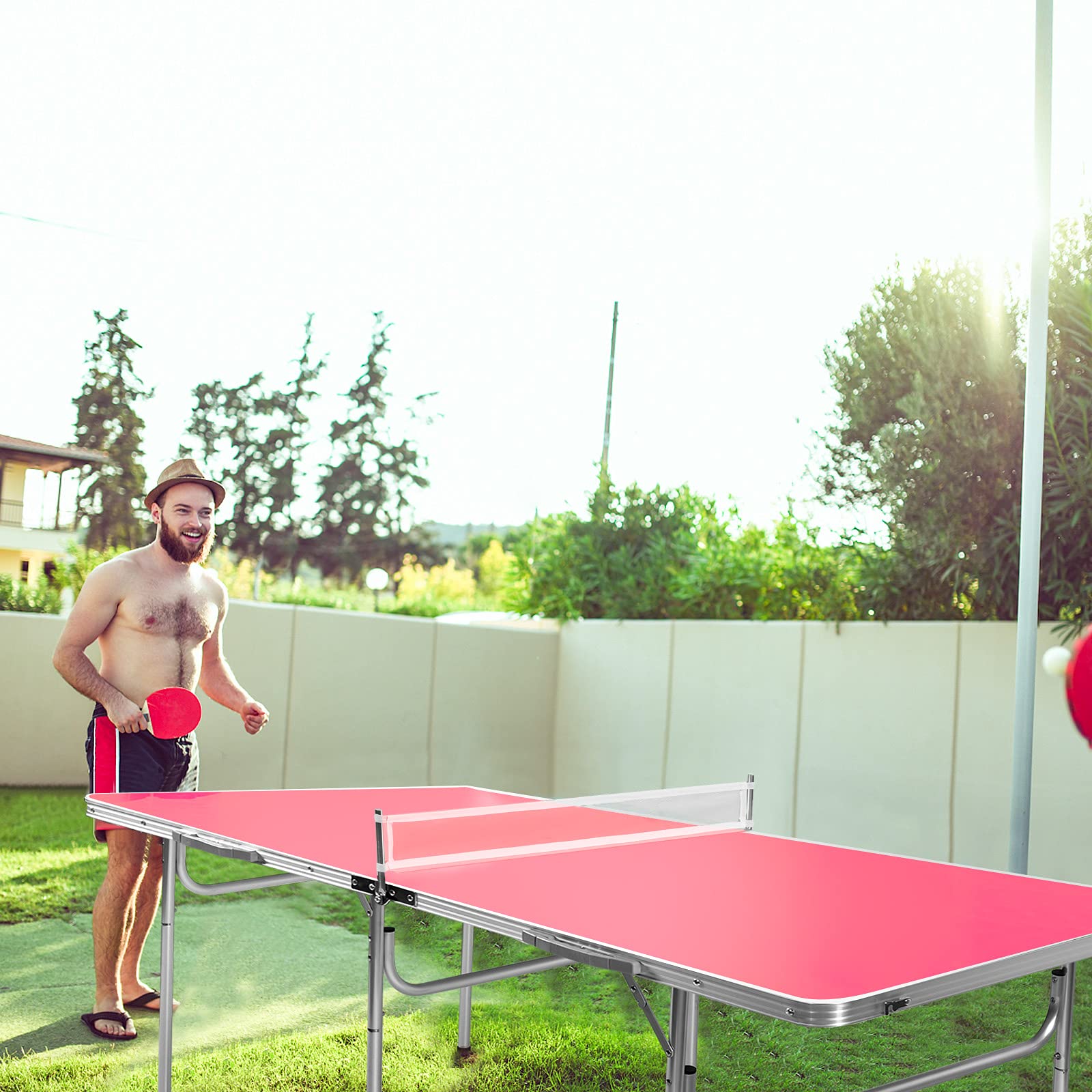 GYMAX Folding Indoor Ping Pong Table Set with Net, 2 Paddles & 2 Balls - Professional Free Standing Table Tennis Kit for Home, Office, Gym & Game Room