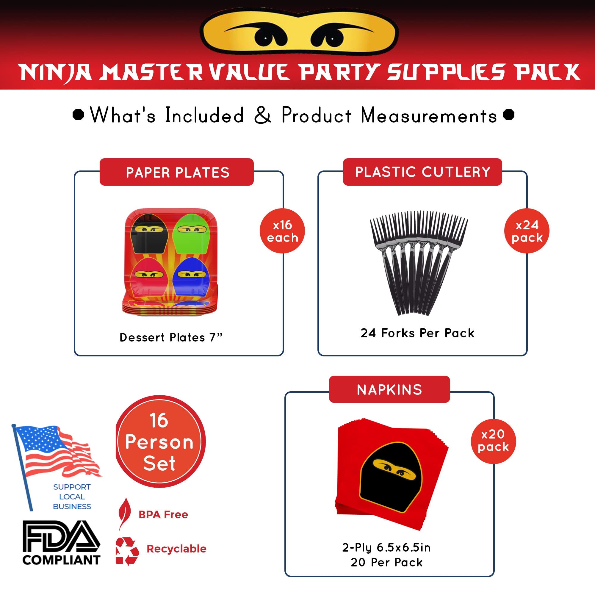 Blue Orchards Ninja Master Value Party Supplies Pack (60 Pieces for 16 Guests) - Ninja Themed Birthday Party Decorations, Ninja Plates & Napkins Set, Spy Theme Party Supplies - Perfect for Kids Birthday Parties, Themed Events & Costume Celebrations