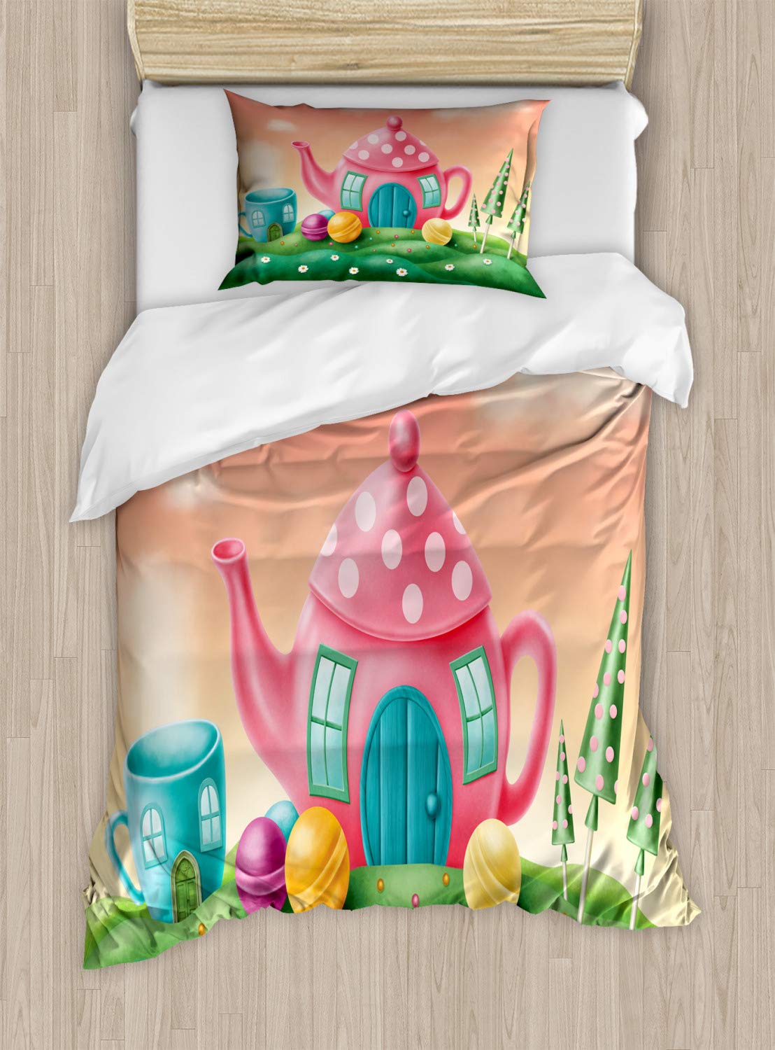Ambesonne Fantasy Duvet Cover Set - Polka Dot Teapot & Coffee Cup Design with Lollipops, 2-Piece Twin Size Bedding with Pillow Sham in Fern Green & Coral | Whimsical Home Decor for Kids Room, Guest Bedroom & Fantasy Themed Spaces