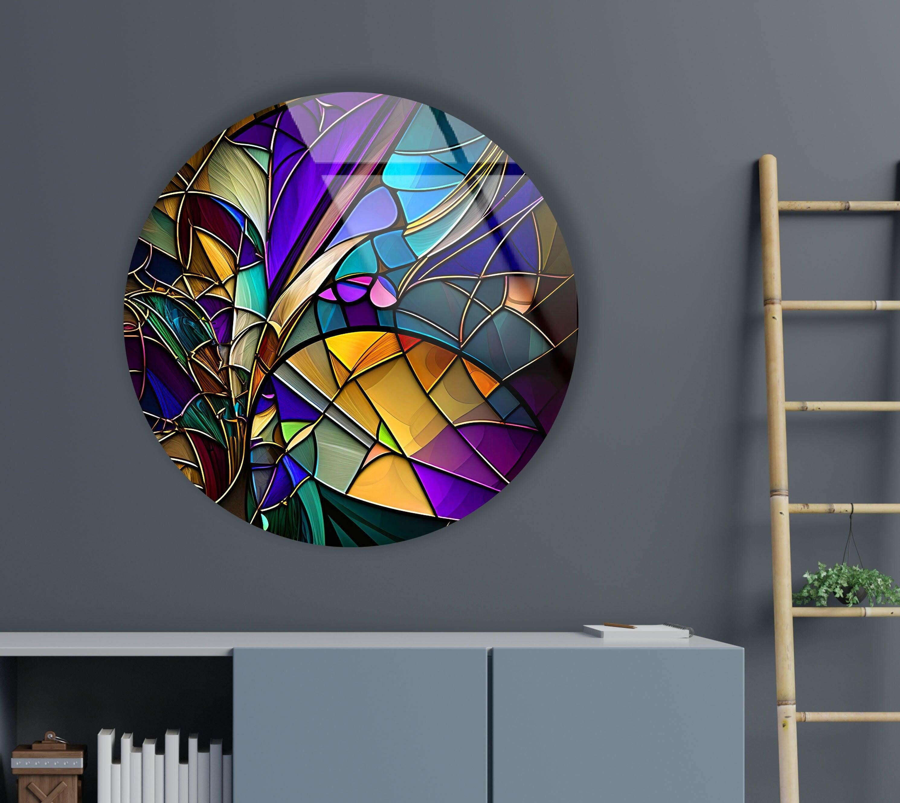 Vibrant Stained Glass Round Wall Art Decor - Handcrafted Mosaic Glass Window Hanging for Home, Church, or Garden Decoration