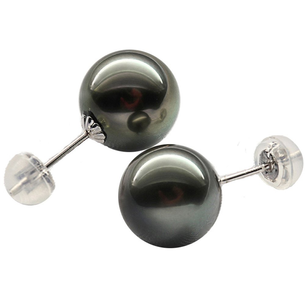 Tahitian Cultured Black Pearl 14k White Gold Stud Earrings for Women - 10mm Round Solitaire Pearl Jewelry - Perfect for Weddings, Parties & Special Occasions