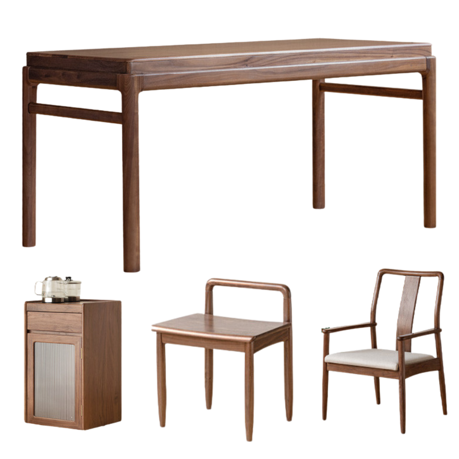 47.2x25.6x27.5 inch / 120x65x70 cm / walnut color / tea table+chair 3 pcs + tea cabinet with tea maker