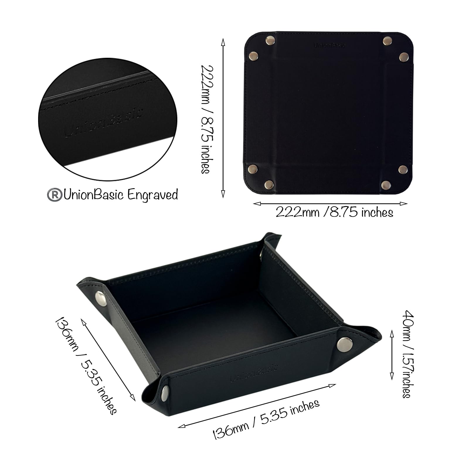 UnionBasic Small Valet Tray - Jewelry Organizer for Rings, Watches & Earrings - Entryway Catchall for Keys, Coins & Change - Nightstand Bedside Tray - Electronic Gadgets Holder - Black - Perfect for Home, Office & Travel Organization