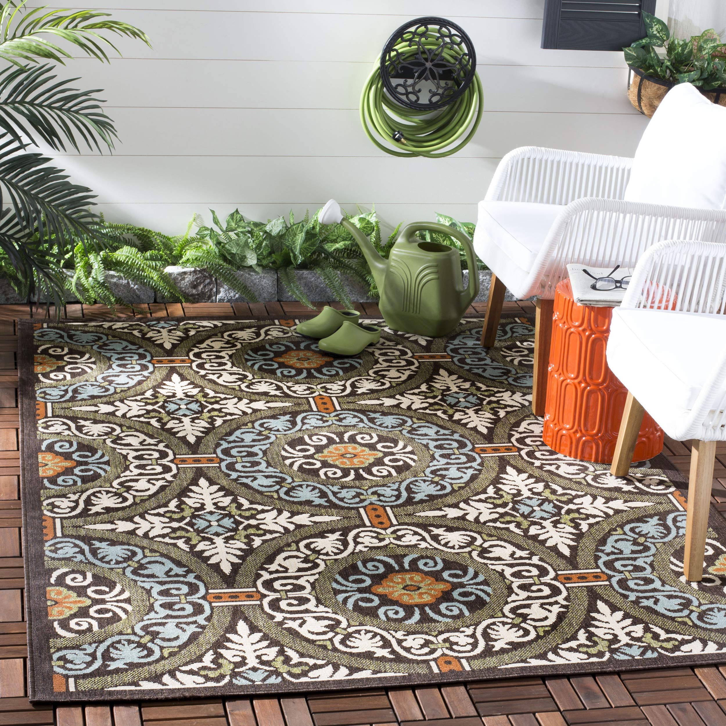 SAFAVIEH Veranda Collection 8' x 11' Modern Chocolate & Aqua Area Rug - Non-Shedding, Easy Care, Washable Indoor/Outdoor Rug - Perfect for Living Room, Bedroom, Patio, Backyard & Mudroom (VER055-0723)