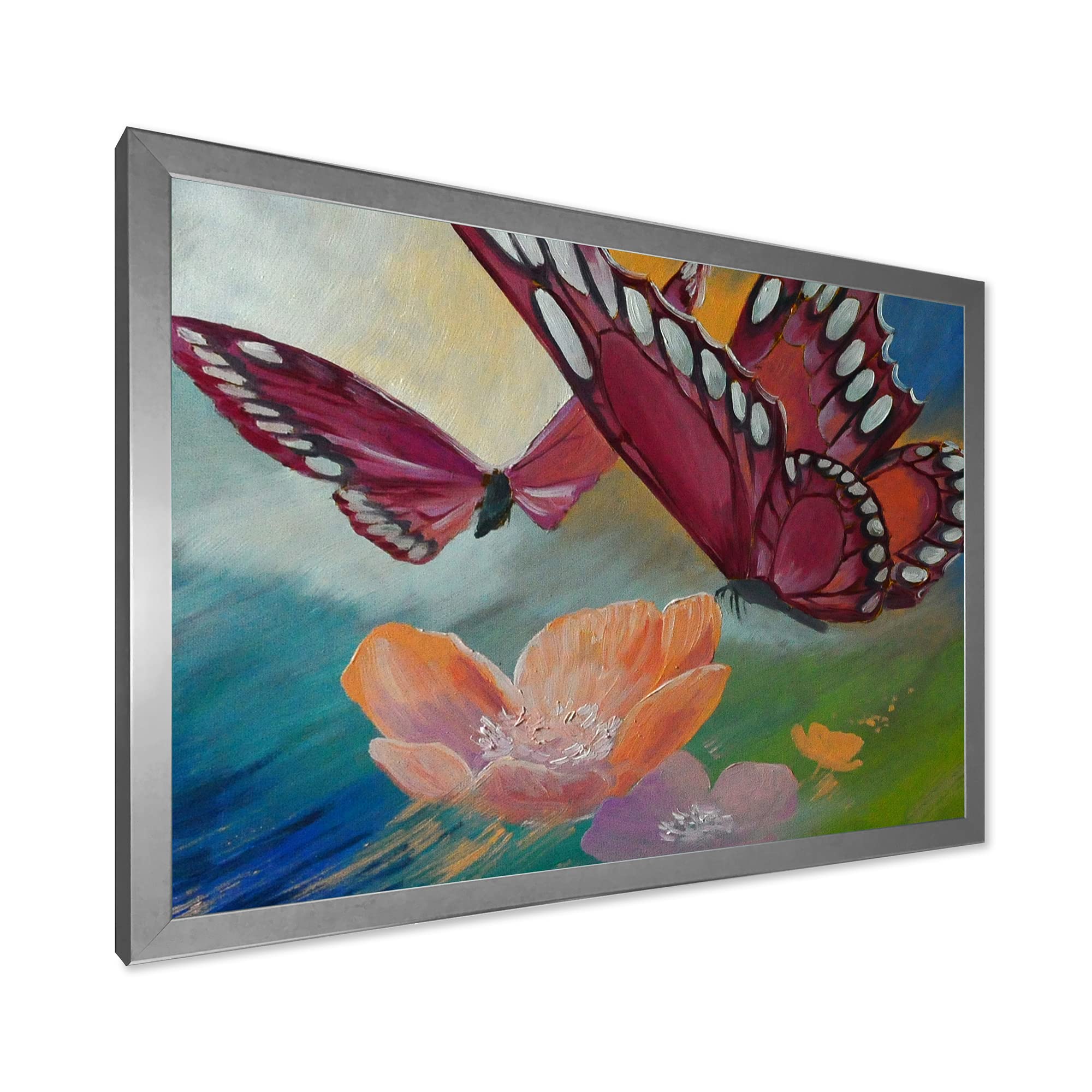 Traditional Framed Wall Art - Butterfly on Pink Flowers Painting for Home & Office Decor | Elegant Floral Canvas Print for Living Room, Bedroom, Dining Room