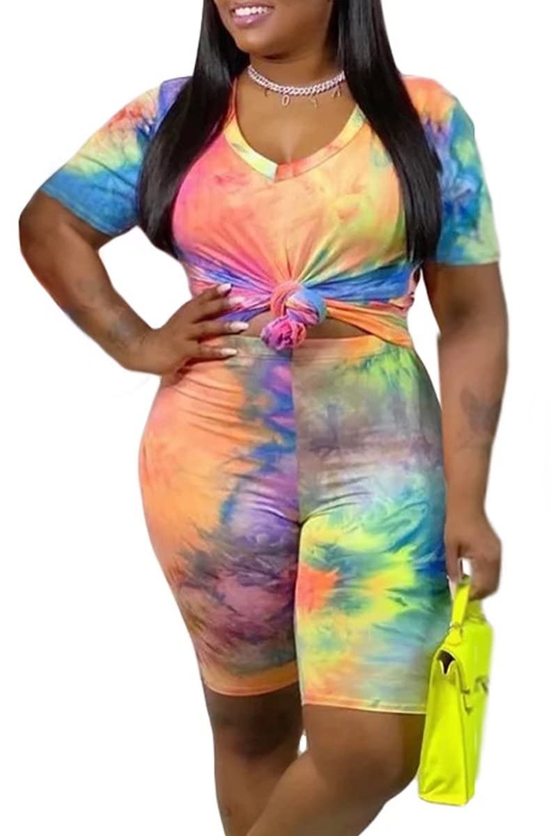 Plus Size Women's Two Piece Outfits - Oversized Summer T-Shirt & Tie Dye Jogging Set with Comfort Shorts | Casual Streetwear & Lounge Wear for Curvy Women